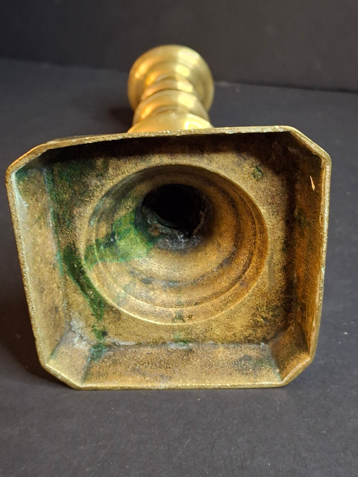 Antique English George II Brass Candlestick, Multi-Knopped Baluster, Canted Square Base, c. 1730–1750