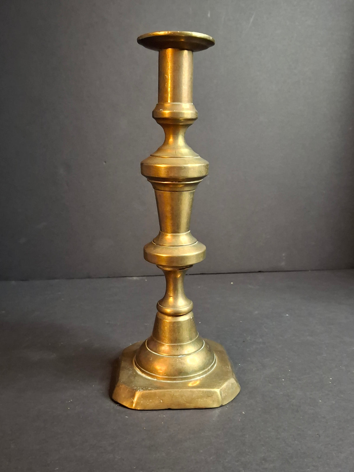 Antique Victorian Brass Candlestick Push Up Ejector Turned Baluster Base 9.5"