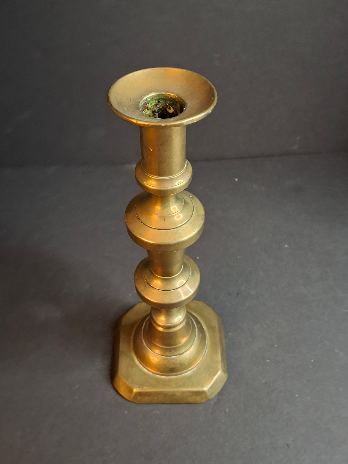 Antique Victorian Brass Candlestick Push Up Ejector Turned Baluster Base 9.5"