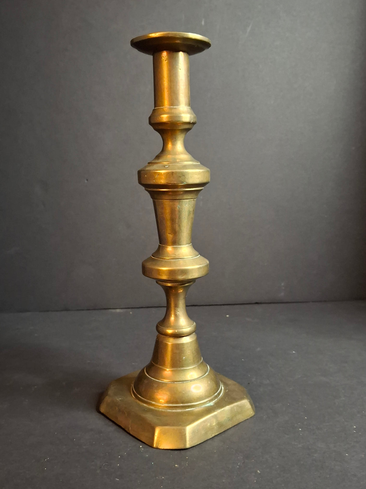 Antique Victorian Brass Candlestick Push Up Ejector Turned Baluster Base 9.5"
