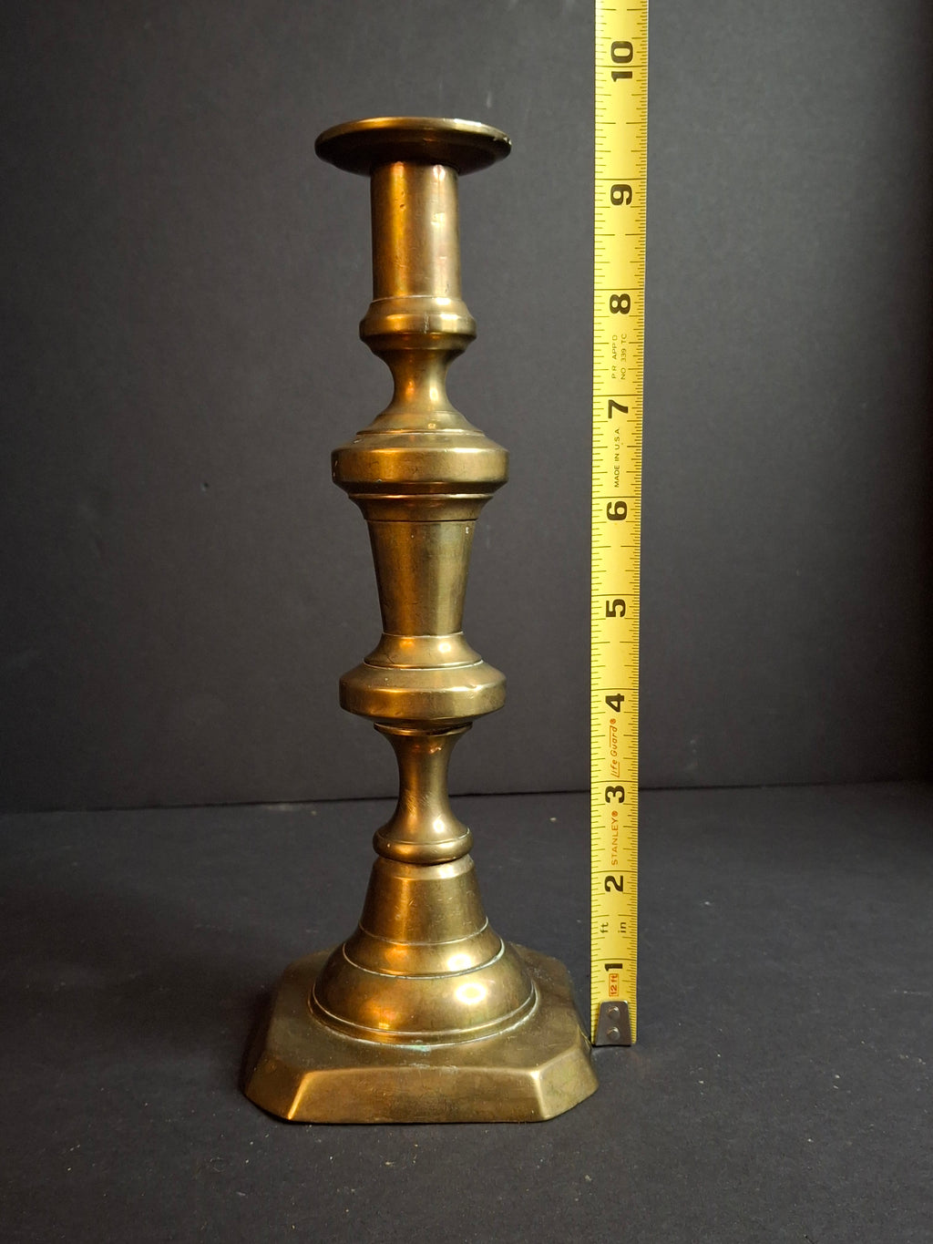 Antique Victorian Brass Candlestick Push Up Ejector Turned Baluster Base 9.5"