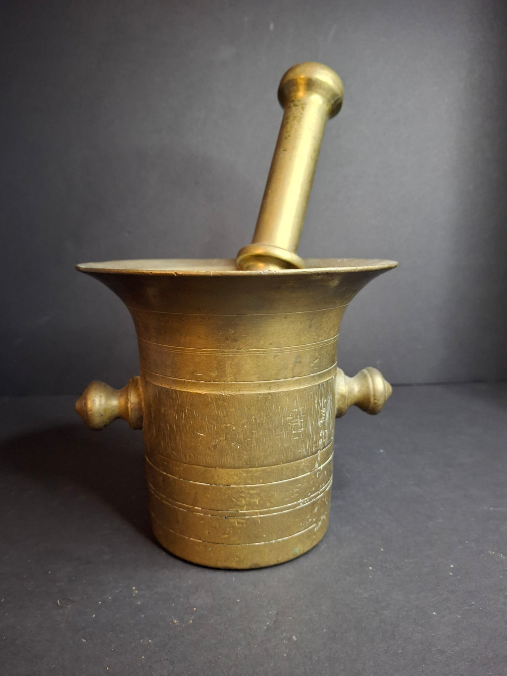 Antique Late 18th - Early 19th Century Judaica Brass Mortar and Pestle Set Heavy 7.5lb Heavy Cast Found J. Greenstein Provenance