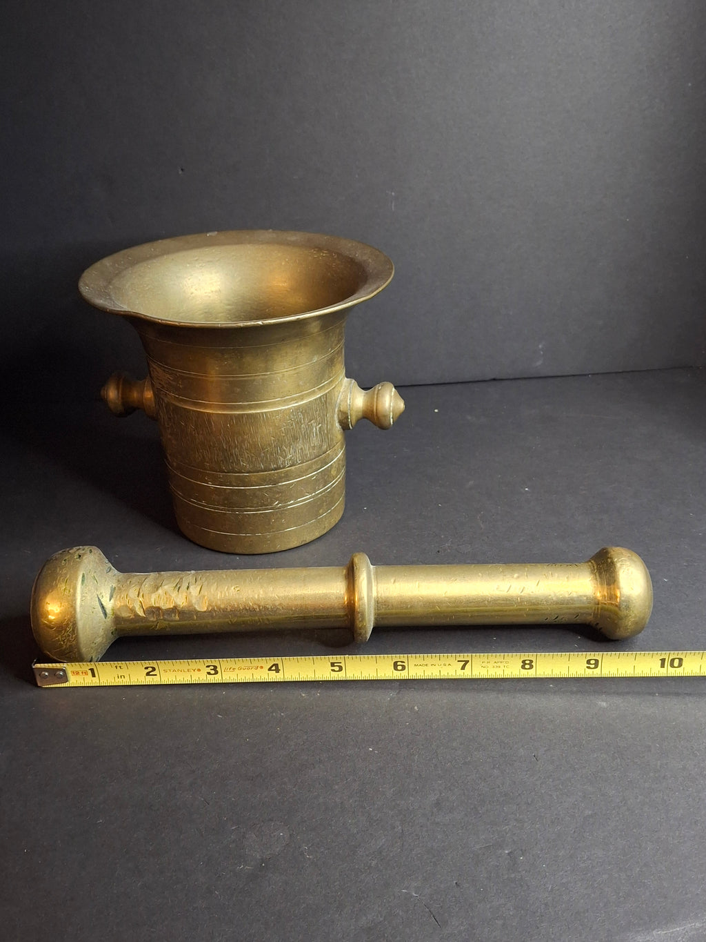 Antique Late 18th - Early 19th Century Judaica Brass Mortar and Pestle Set Heavy 7.5lb Heavy Cast Found J. Greenstein Provenance