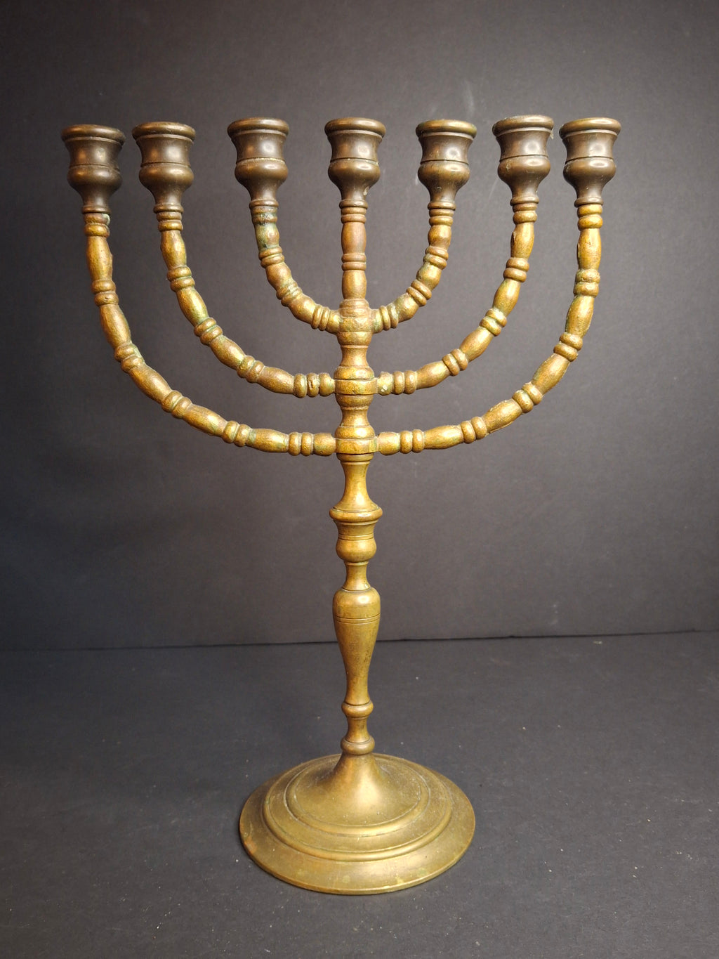 Vintage Solid Brass 7 Branch Menorah Temple Candelabra Sabbath Judaica 12.25"
