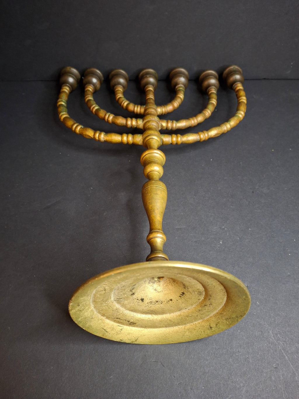Vintage Solid Brass 7 Branch Menorah Temple Candelabra Sabbath Judaica 12.25"