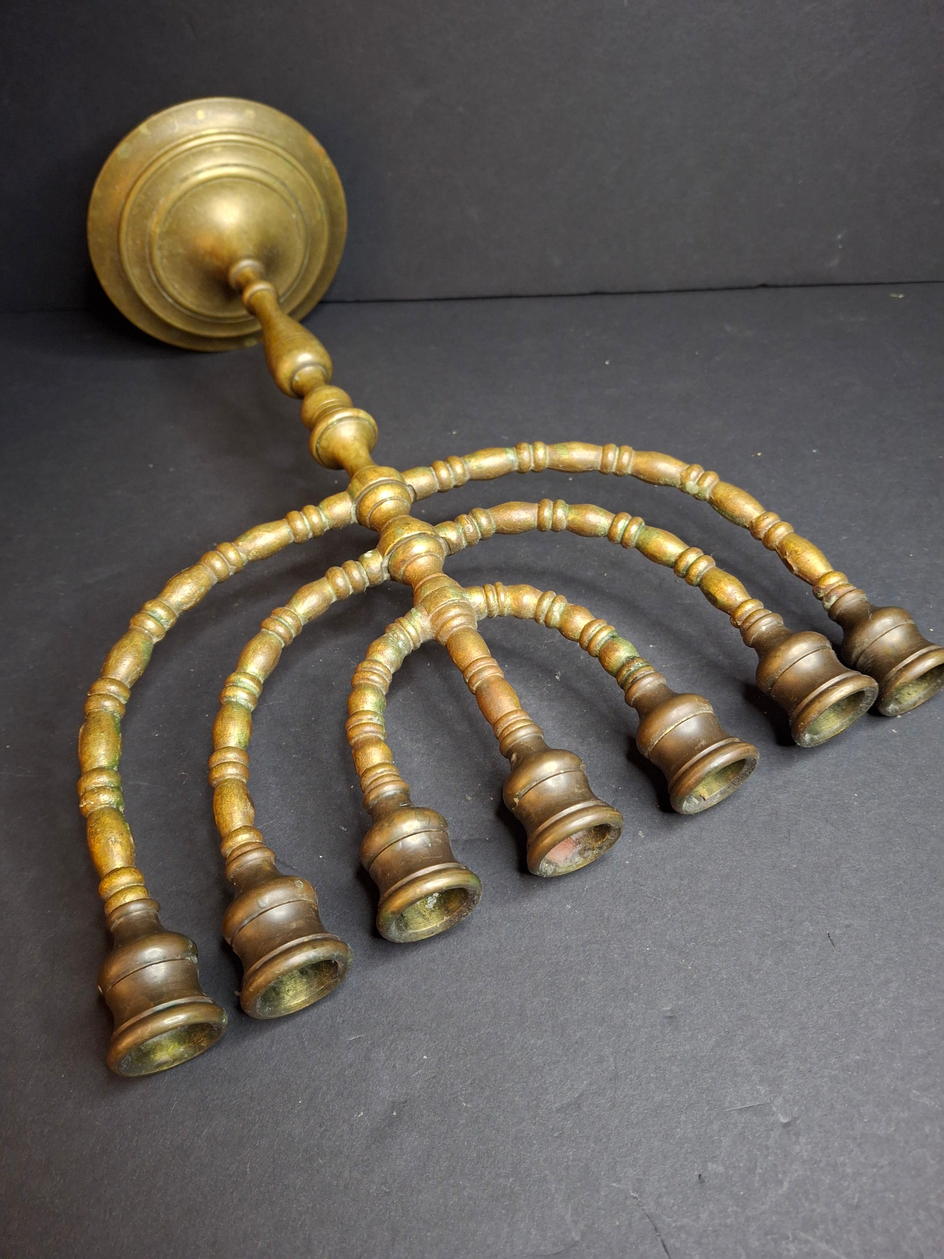 Vintage Solid Brass 7 Branch Menorah Temple Candelabra Sabbath Judaica 12.25"