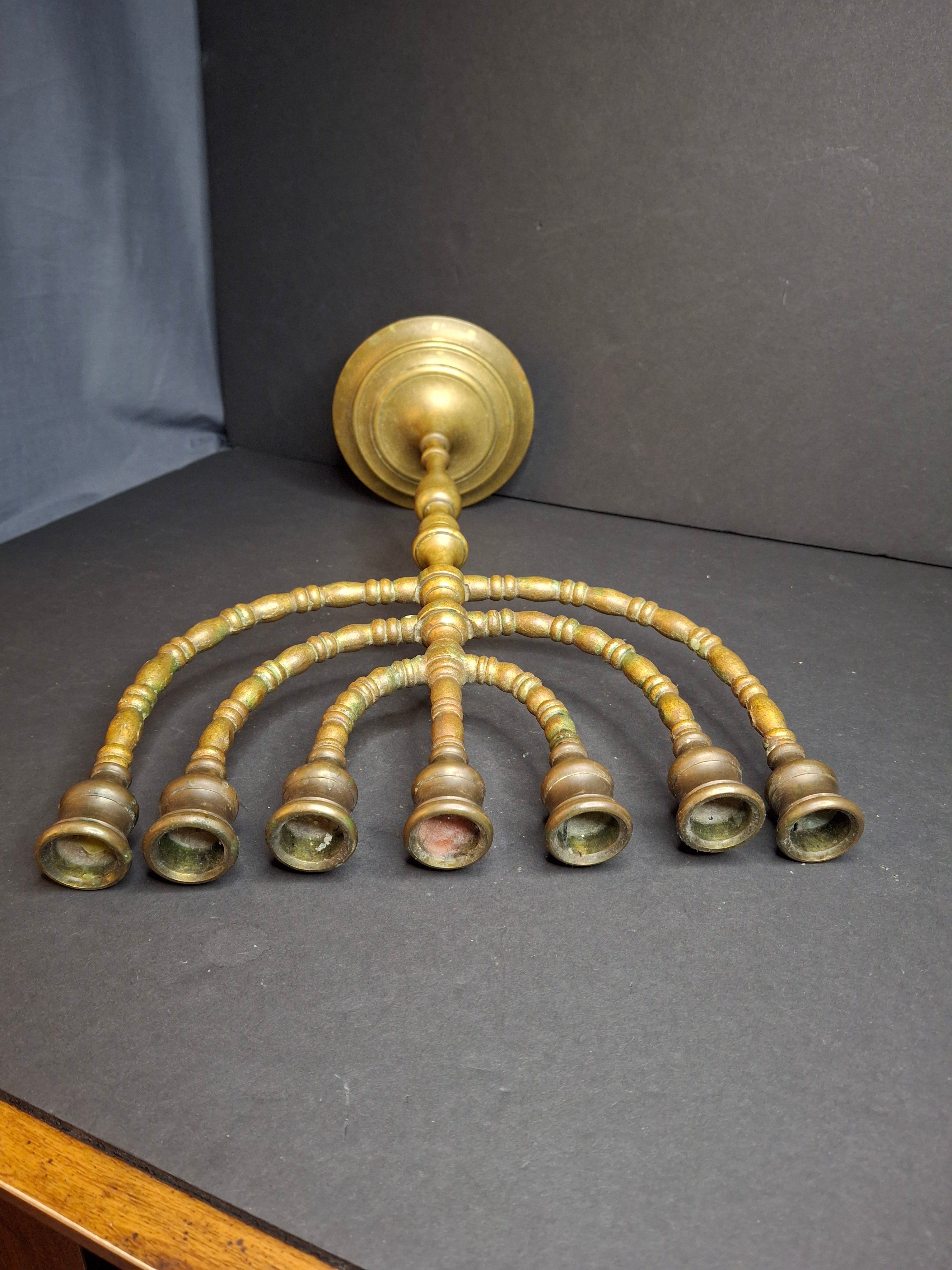 Vintage Solid Brass 7 Branch Menorah Temple Candelabra Sabbath Judaica 12.25"