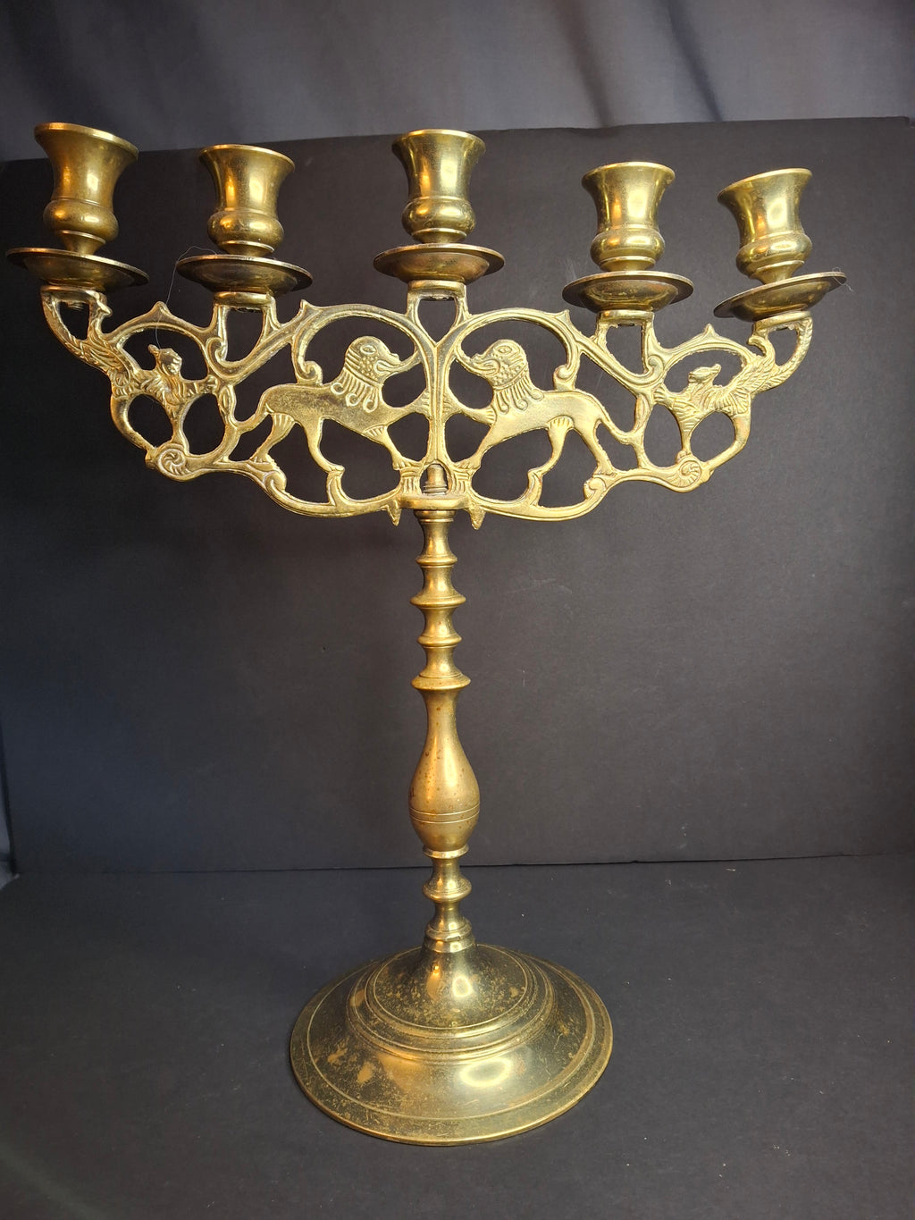 Vintage Polish Style Brass Shabbat Candelabra 5 Light Lion of Judah Openwork 14.5"