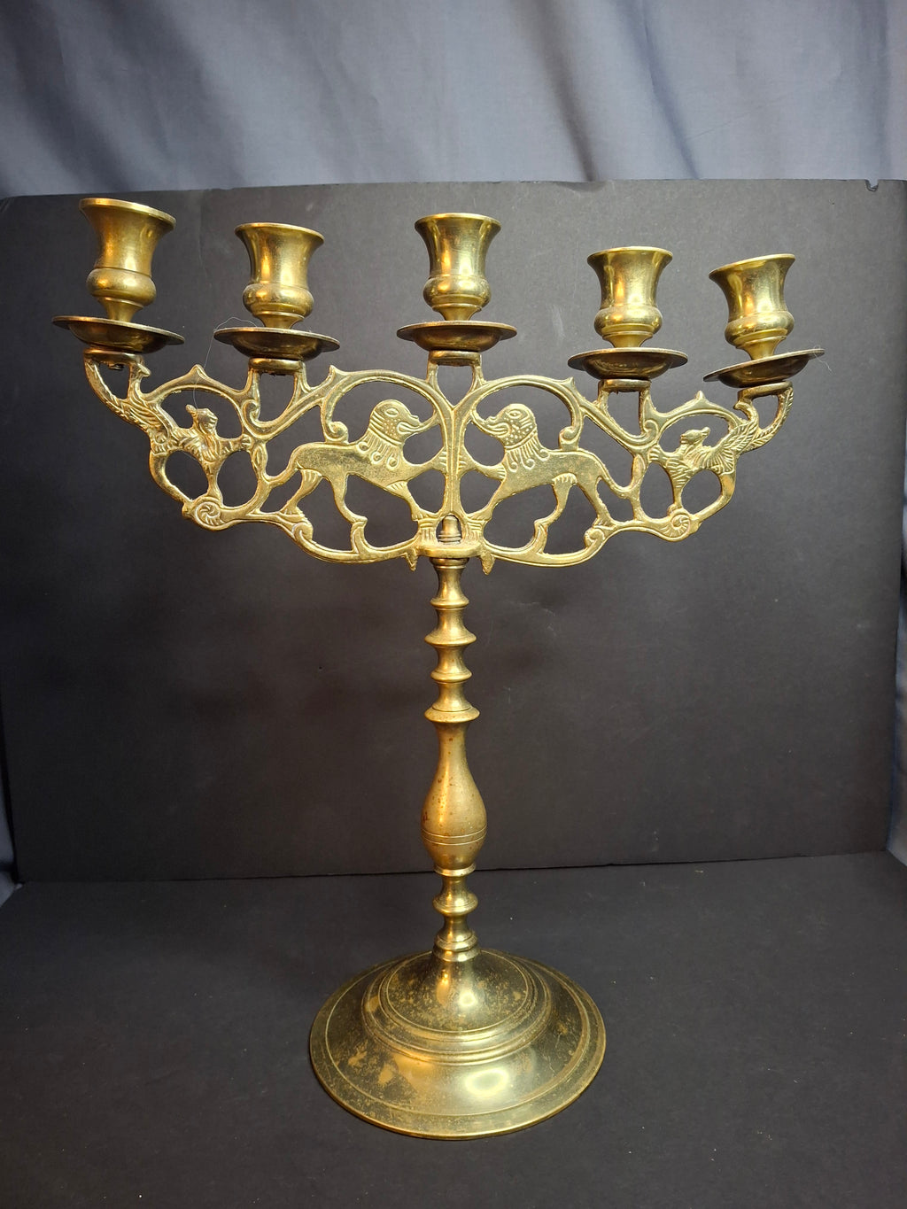 Vintage Polish Style Brass Shabbat Candelabra 5 Light Lion of Judah Openwork 14.5"