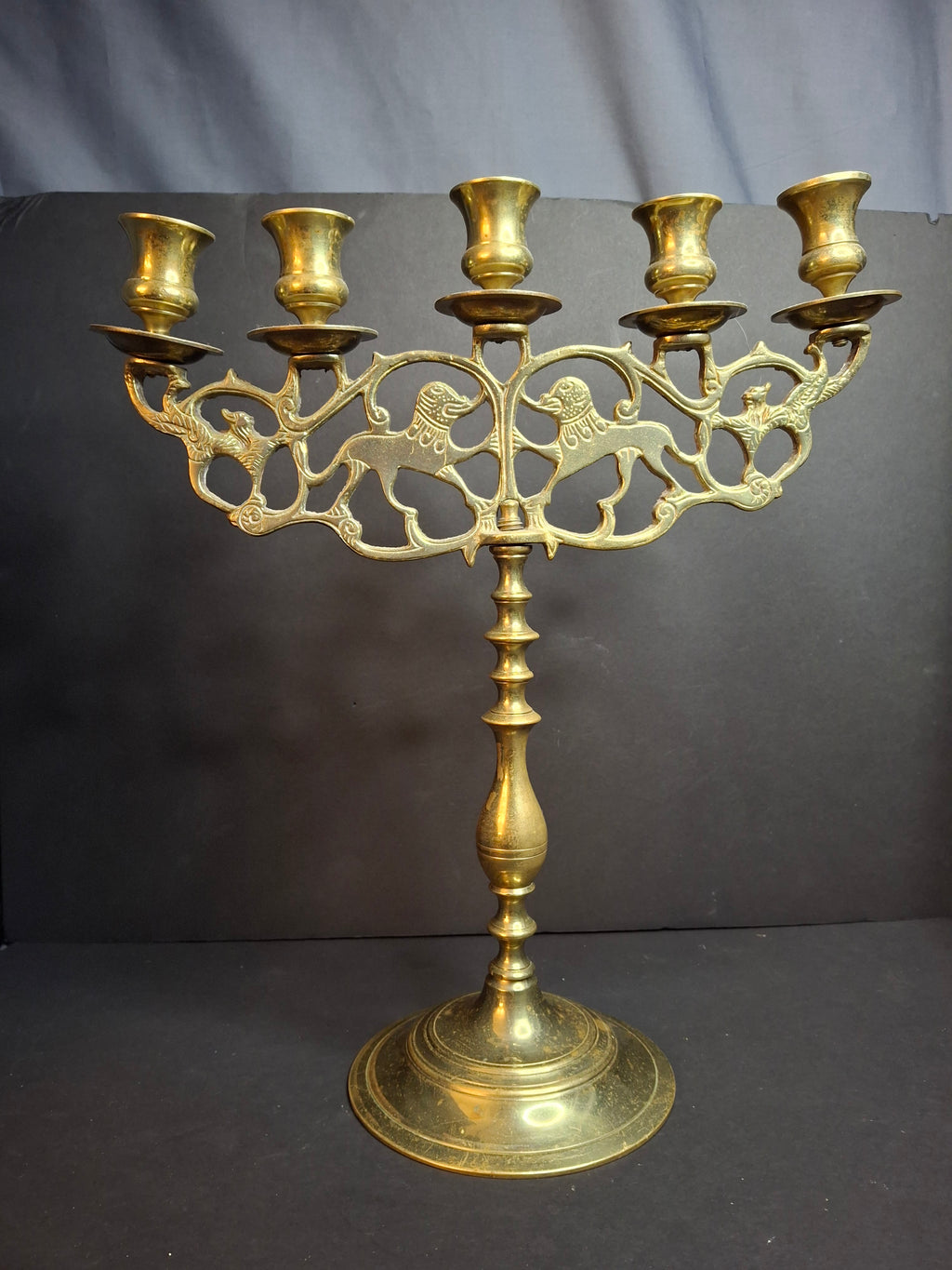 Vintage Polish Style Brass Shabbat Candelabra 5 Light Lion of Judah Openwork 14.5"
