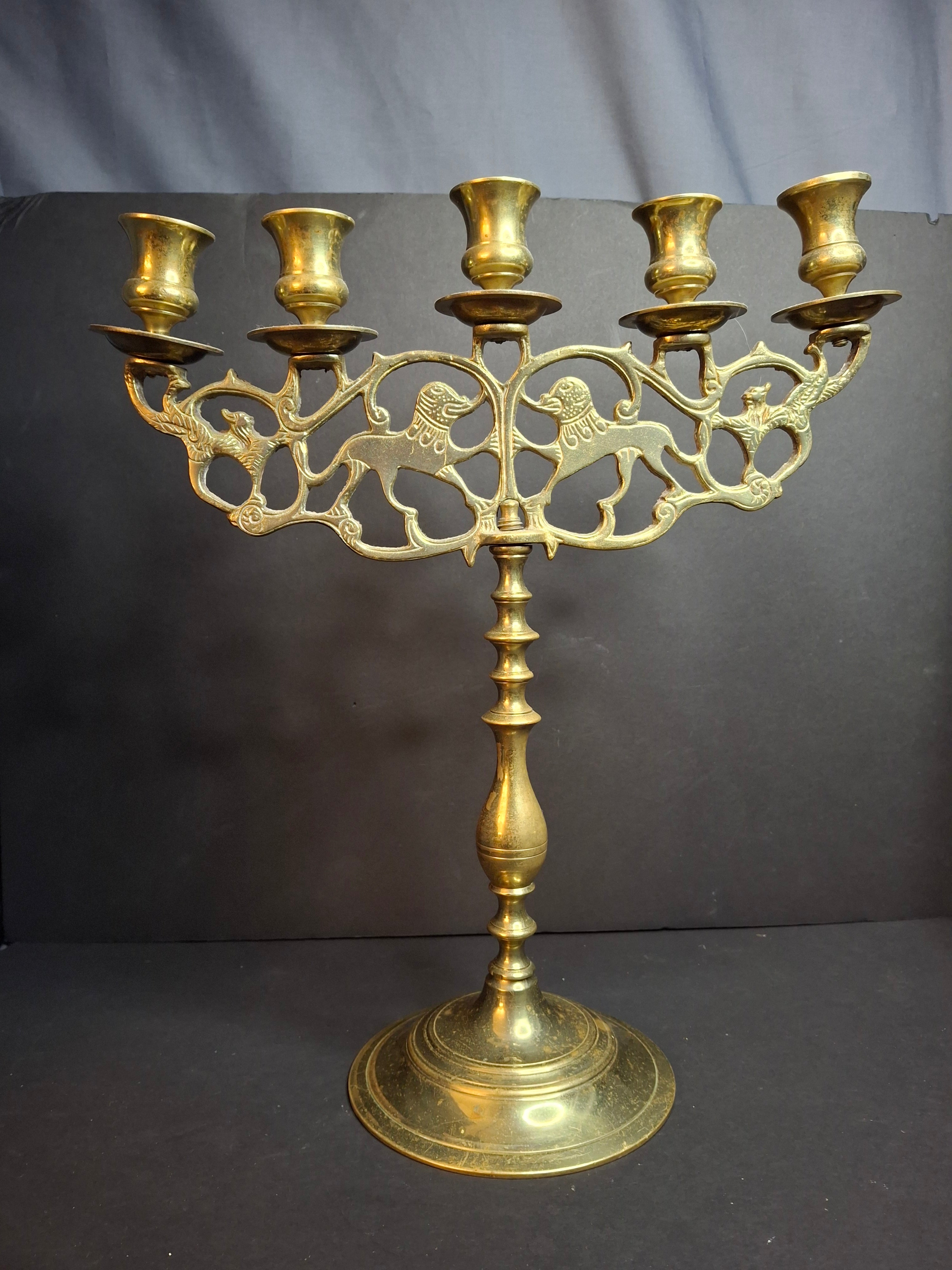Vintage Polish Style Brass Shabbat Candelabra 5 Light Lion of Judah Openwork 14.5"