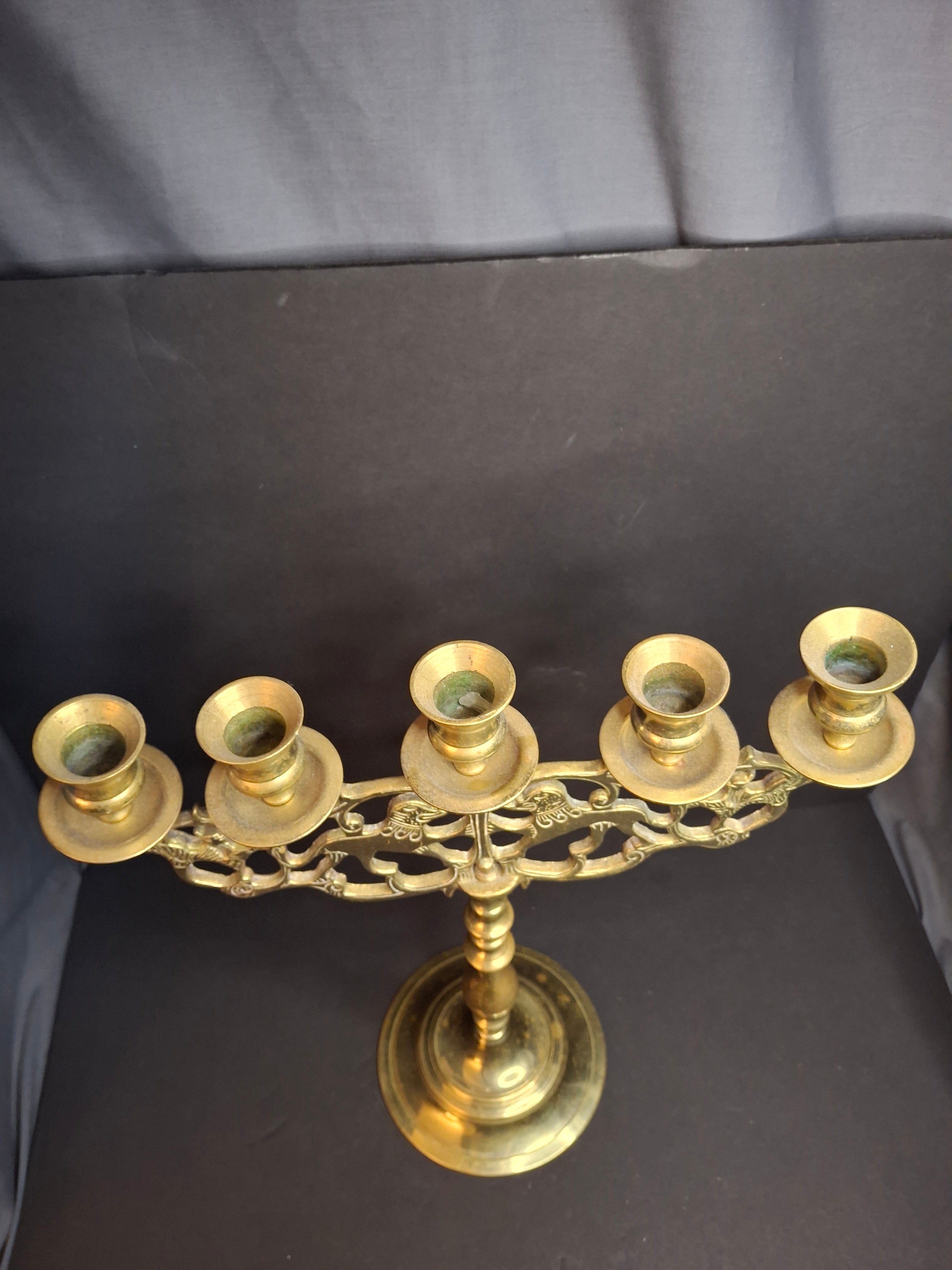 Vintage Polish Style Brass Shabbat Candelabra 5 Light Lion of Judah Openwork 14.5"