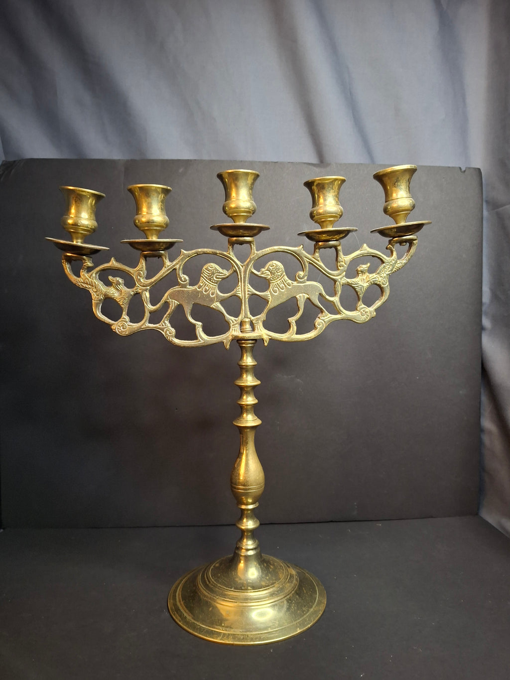 Vintage Polish Style Brass Shabbat Candelabra 5 Light Lion of Judah Openwork 14.5"