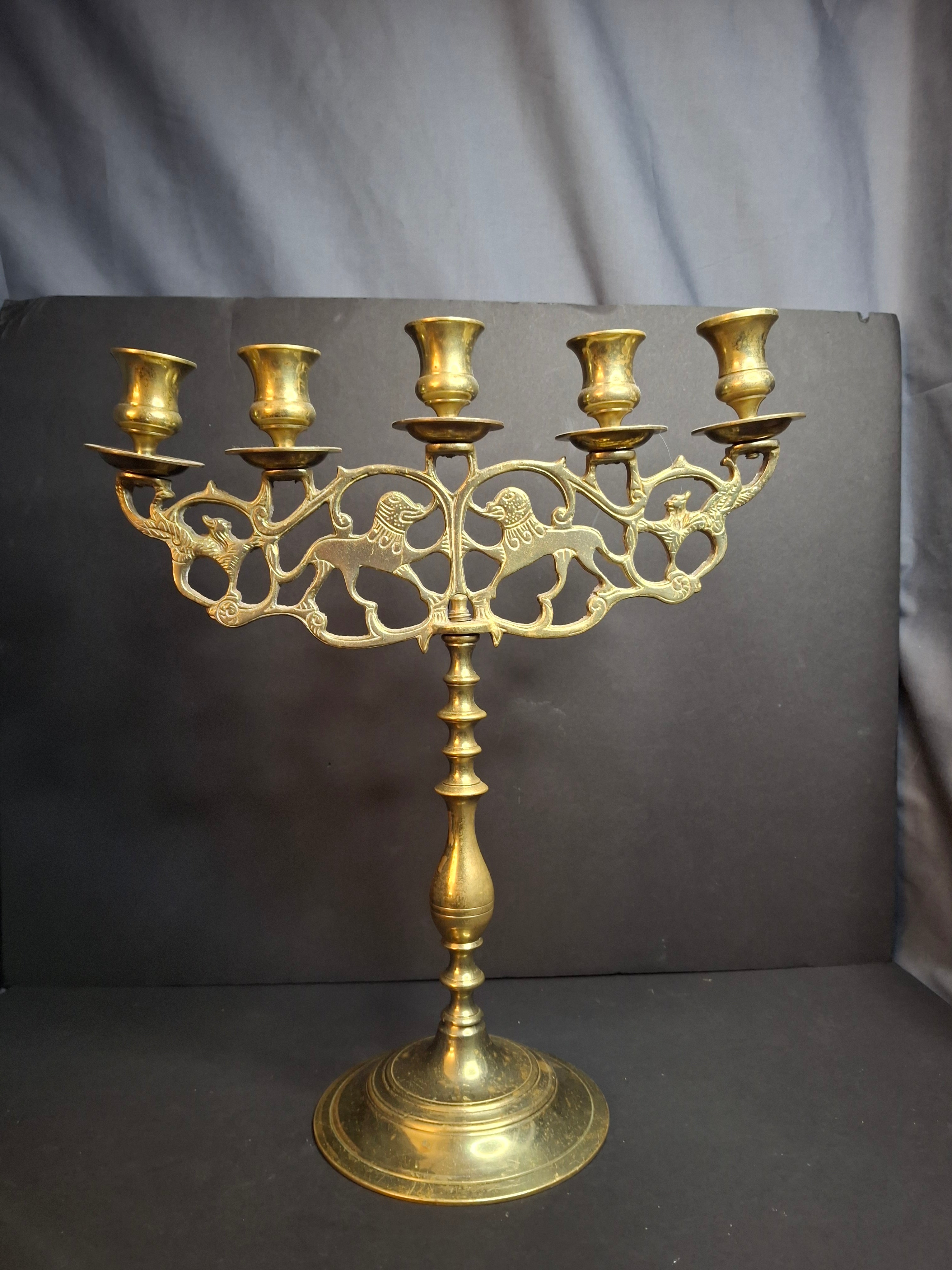 Vintage Polish Style Brass Shabbat Candelabra 5 Light Lion of Judah Openwork 14.5"