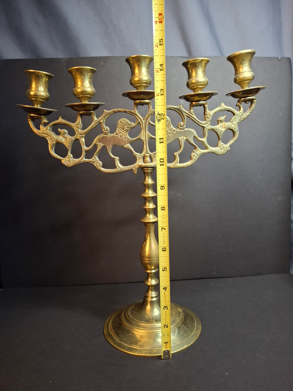 Vintage Polish Style Brass Shabbat Candelabra 5 Light Lion of Judah Openwork 14.5"