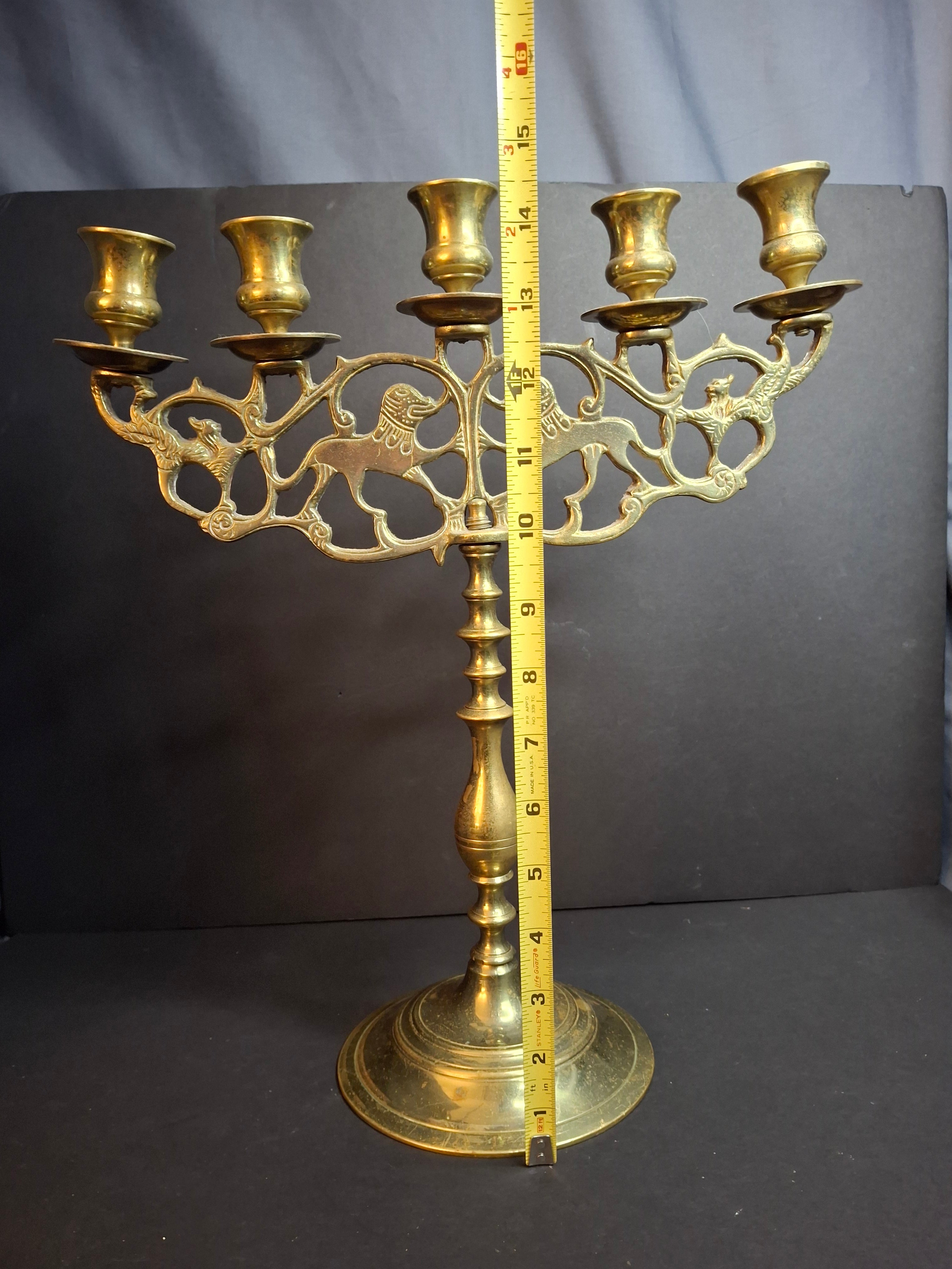 Vintage Polish Style Brass Shabbat Candelabra 5 Light Lion of Judah Openwork 14.5"