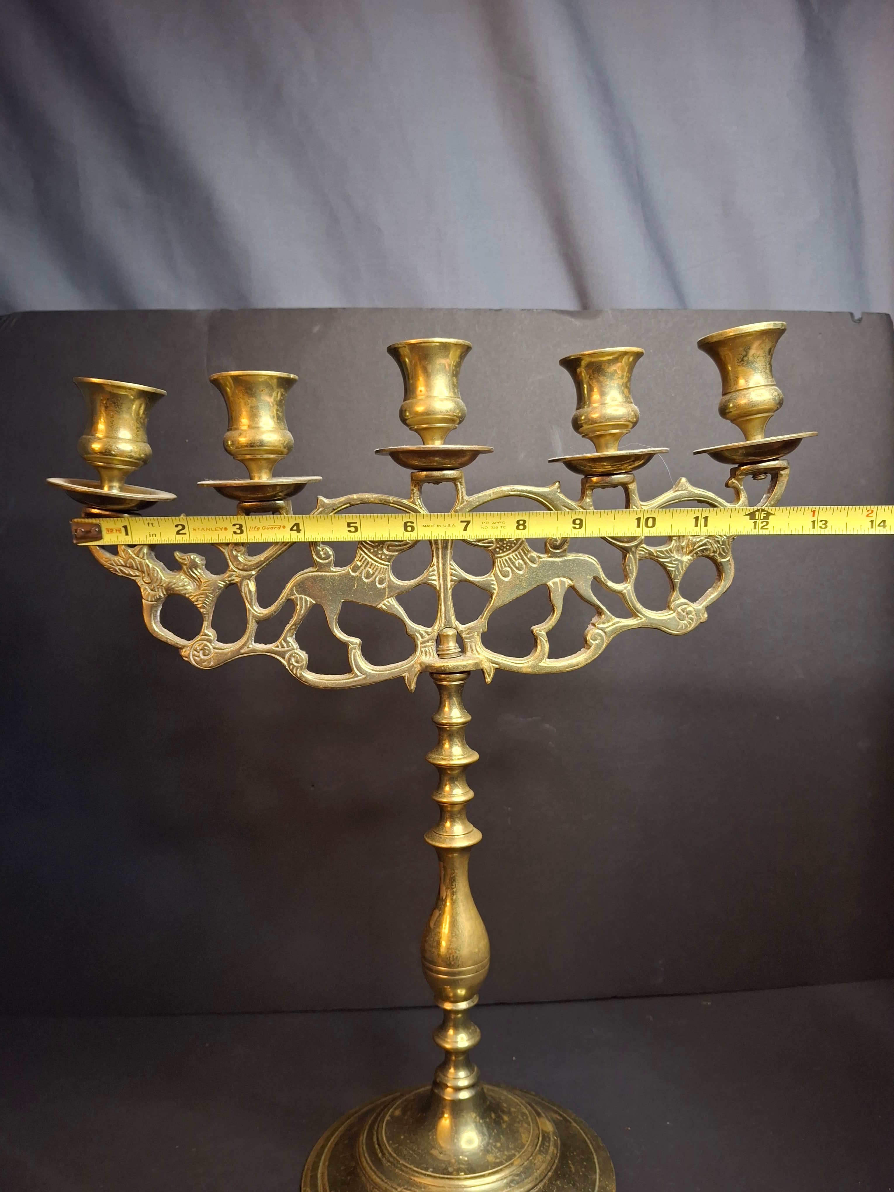 Vintage Polish Style Brass Shabbat Candelabra 5 Light Lion of Judah Openwork 14.5"
