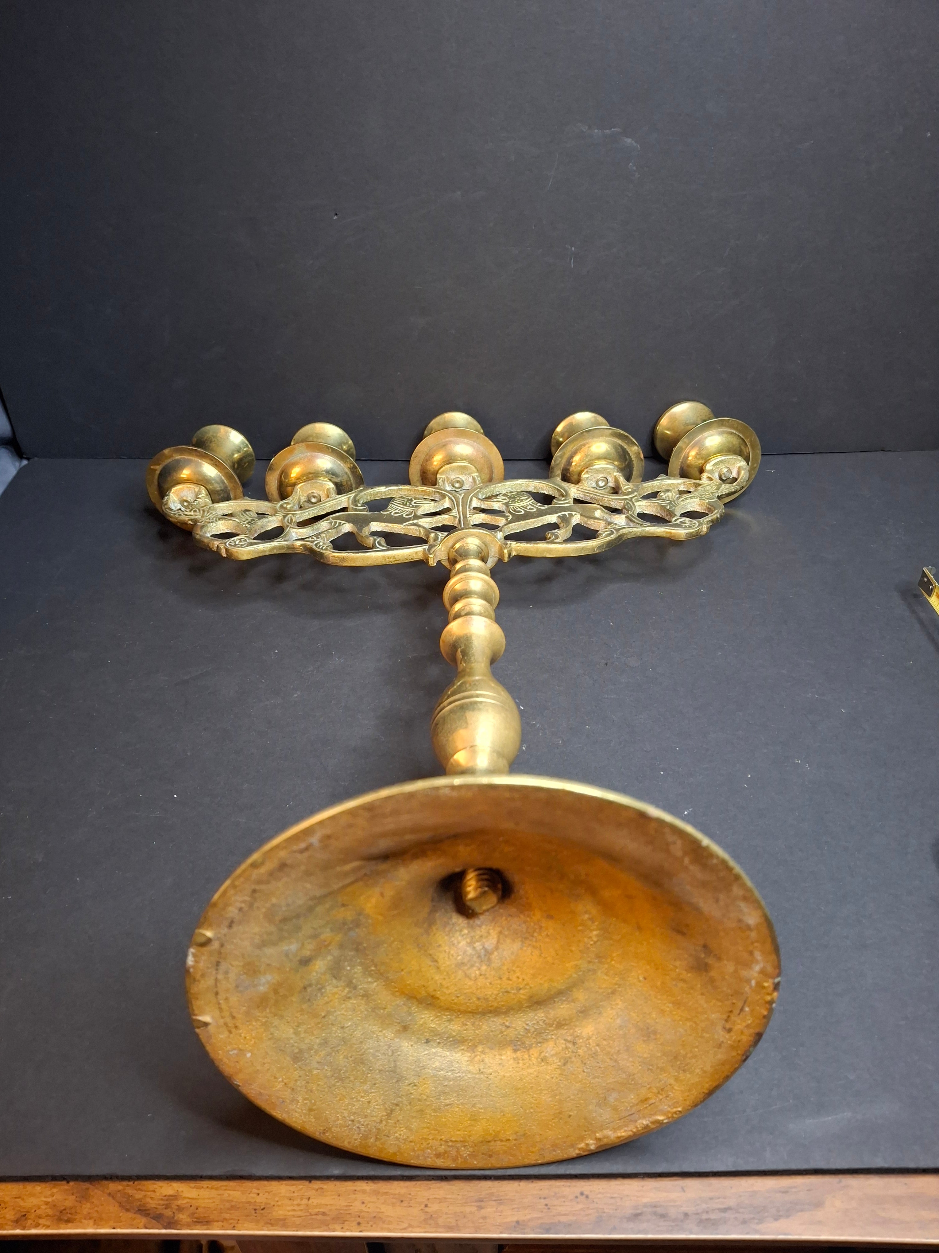 Vintage Polish Style Brass Shabbat Candelabra 5 Light Lion of Judah Openwork 14.5"