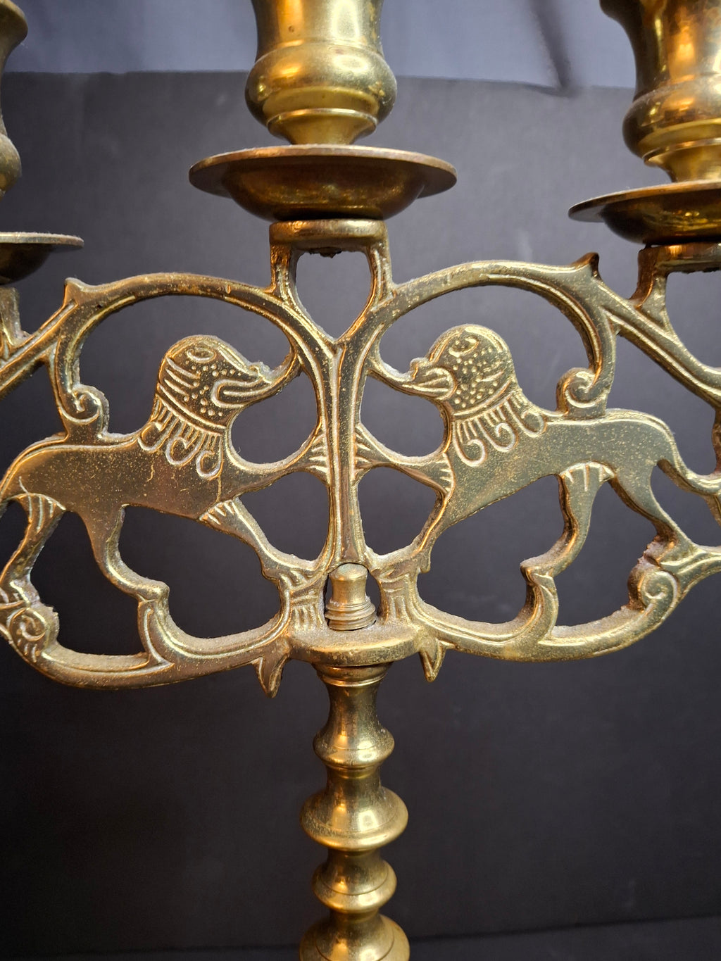Vintage Polish Style Brass Shabbat Candelabra 5 Light Lion of Judah Openwork 14.5"