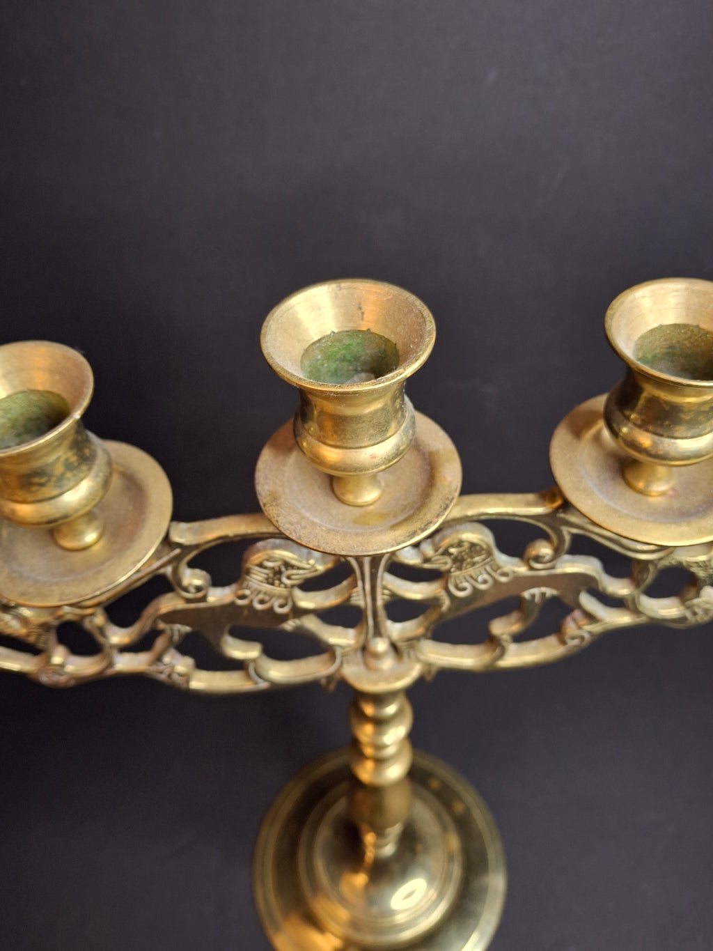 Vintage Polish Style Brass Shabbat Candelabra 5 Light Lion of Judah Openwork 14.5"