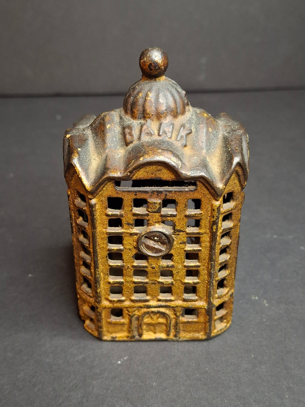 Antique AC Williams Cast Iron Skyscraper Building Still Penny Bank Gold Patina c. 1910