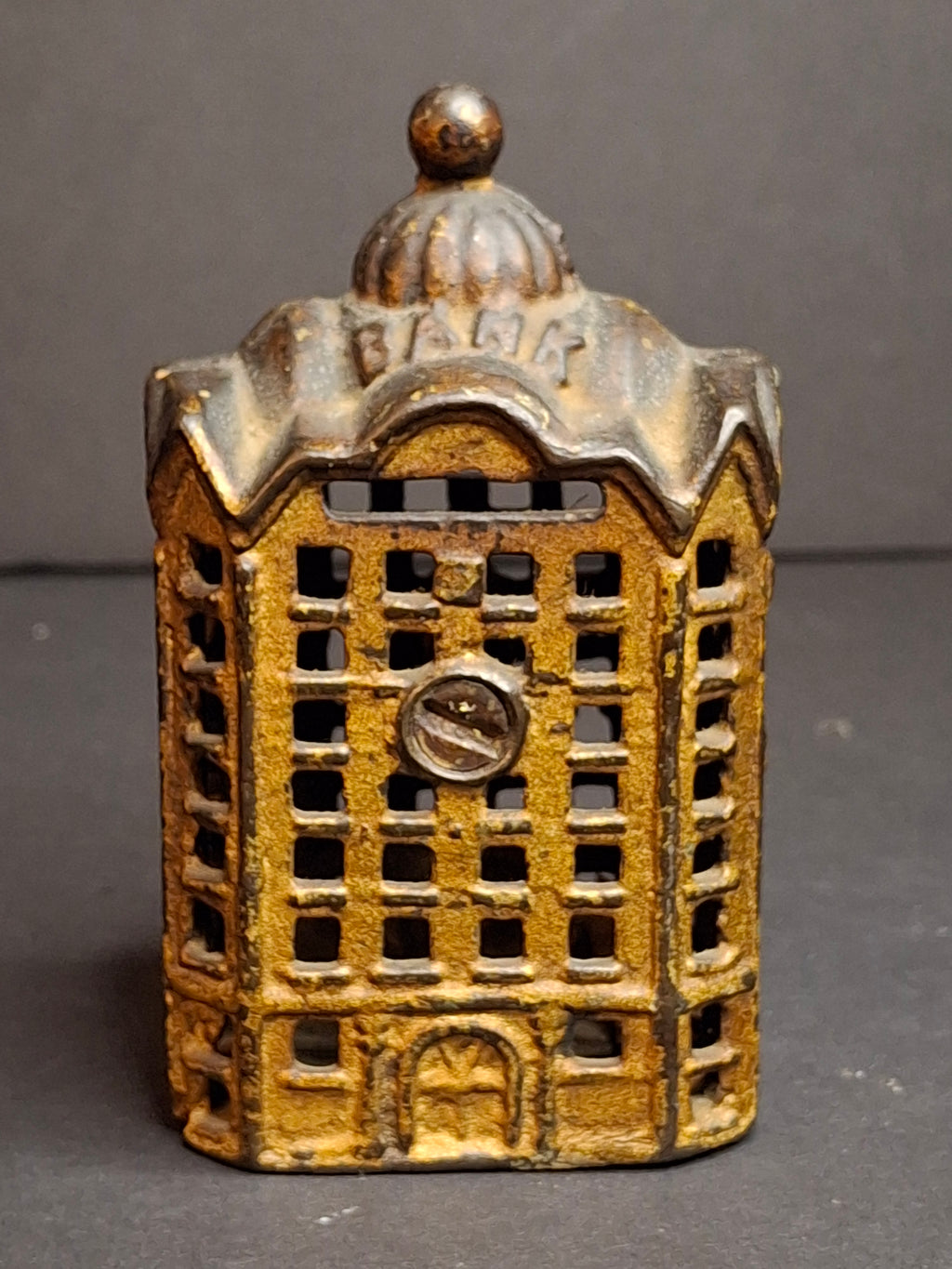 Antique AC Williams Cast Iron Skyscraper Building Still Penny Bank Gold Patina c. 1910
