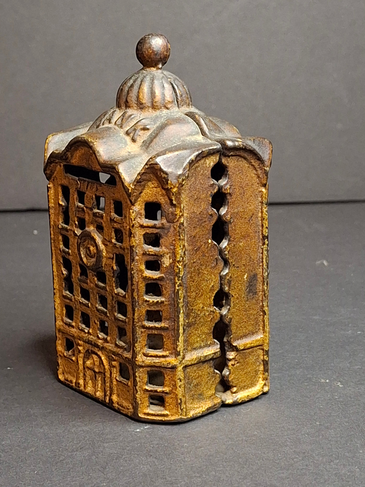 Antique AC Williams Cast Iron Skyscraper Building Still Penny Bank Gold Patina c. 1910