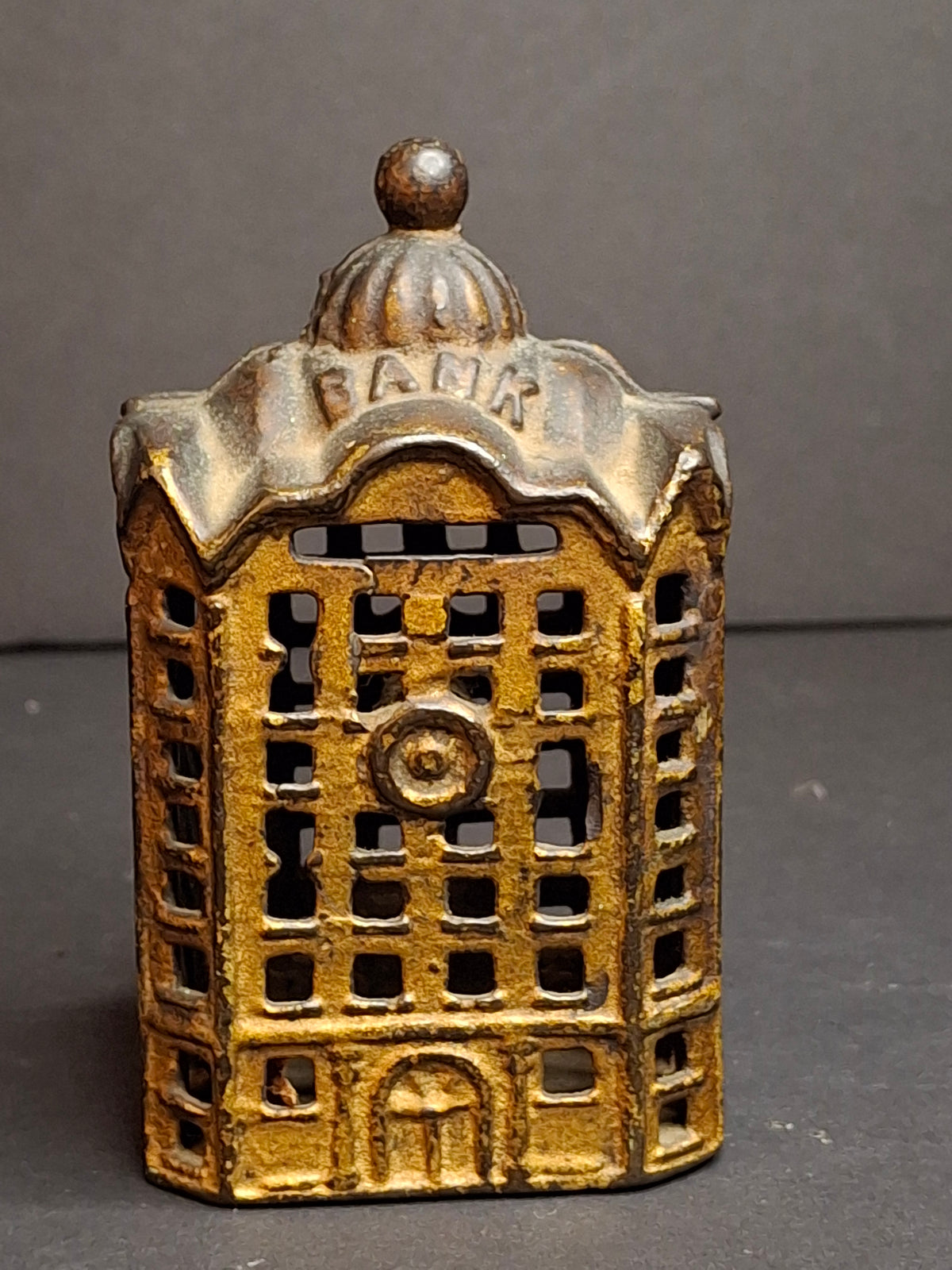 Antique AC Williams Cast Iron Skyscraper Building Still Penny Bank Gold Patina c. 1910