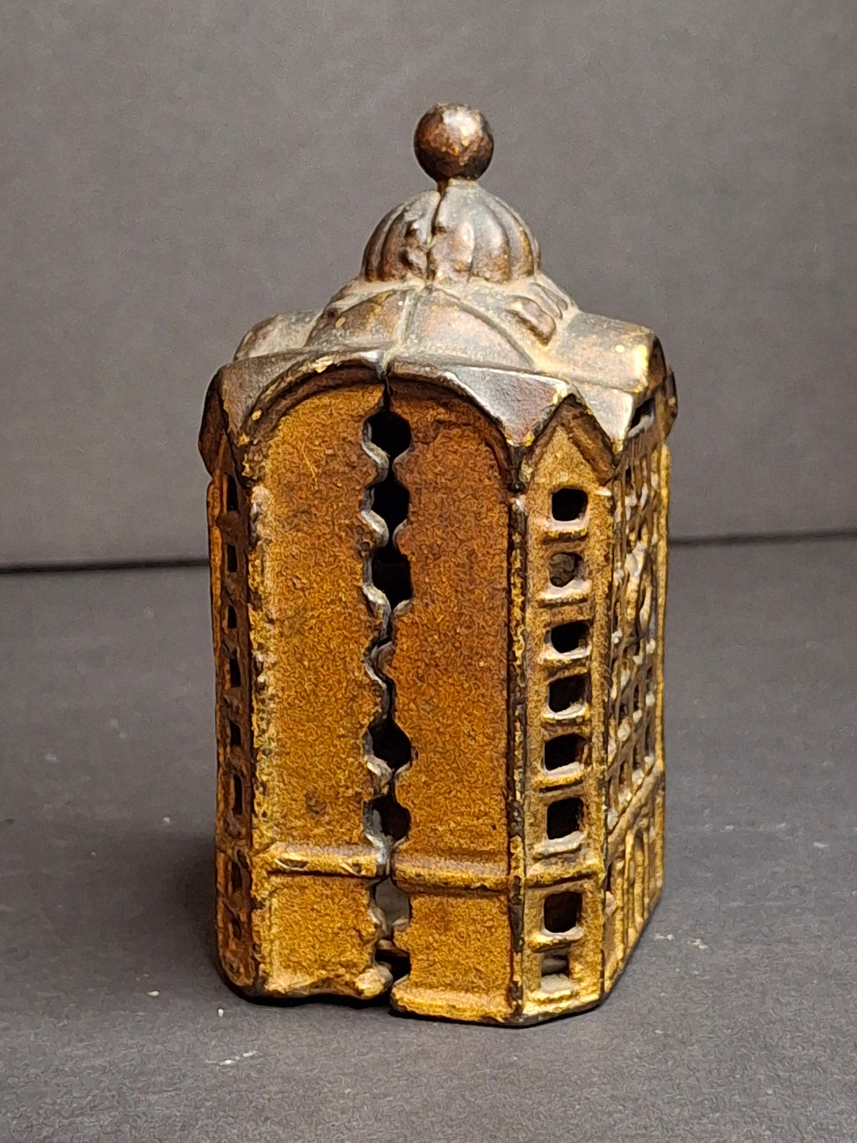 Antique AC Williams Cast Iron Skyscraper Building Still Penny Bank Gold Patina c. 1910
