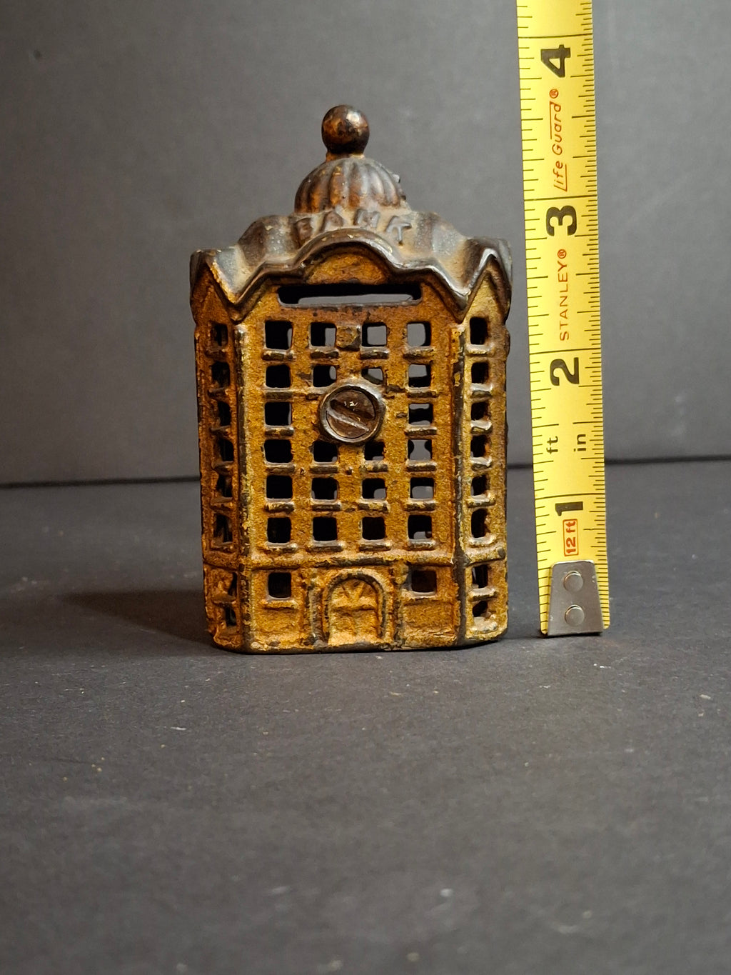Antique AC Williams Cast Iron Skyscraper Building Still Penny Bank Gold Patina c. 1910