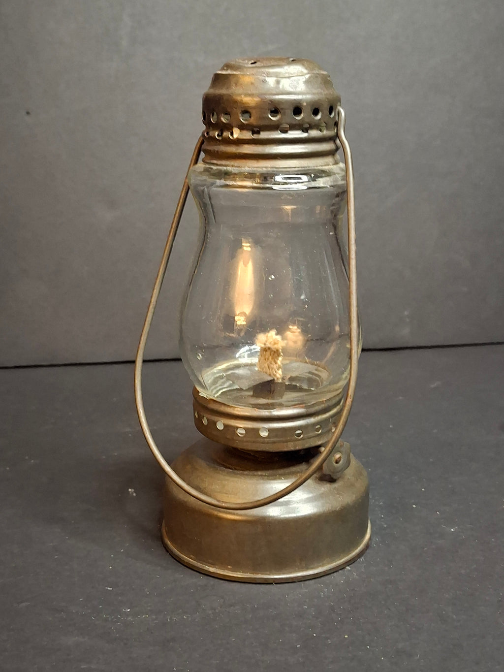 Antique C. 1880 Skater's Lantern - Original Clear Glass Globe & Untouched Patina Mini Kerosene Oil Lamp