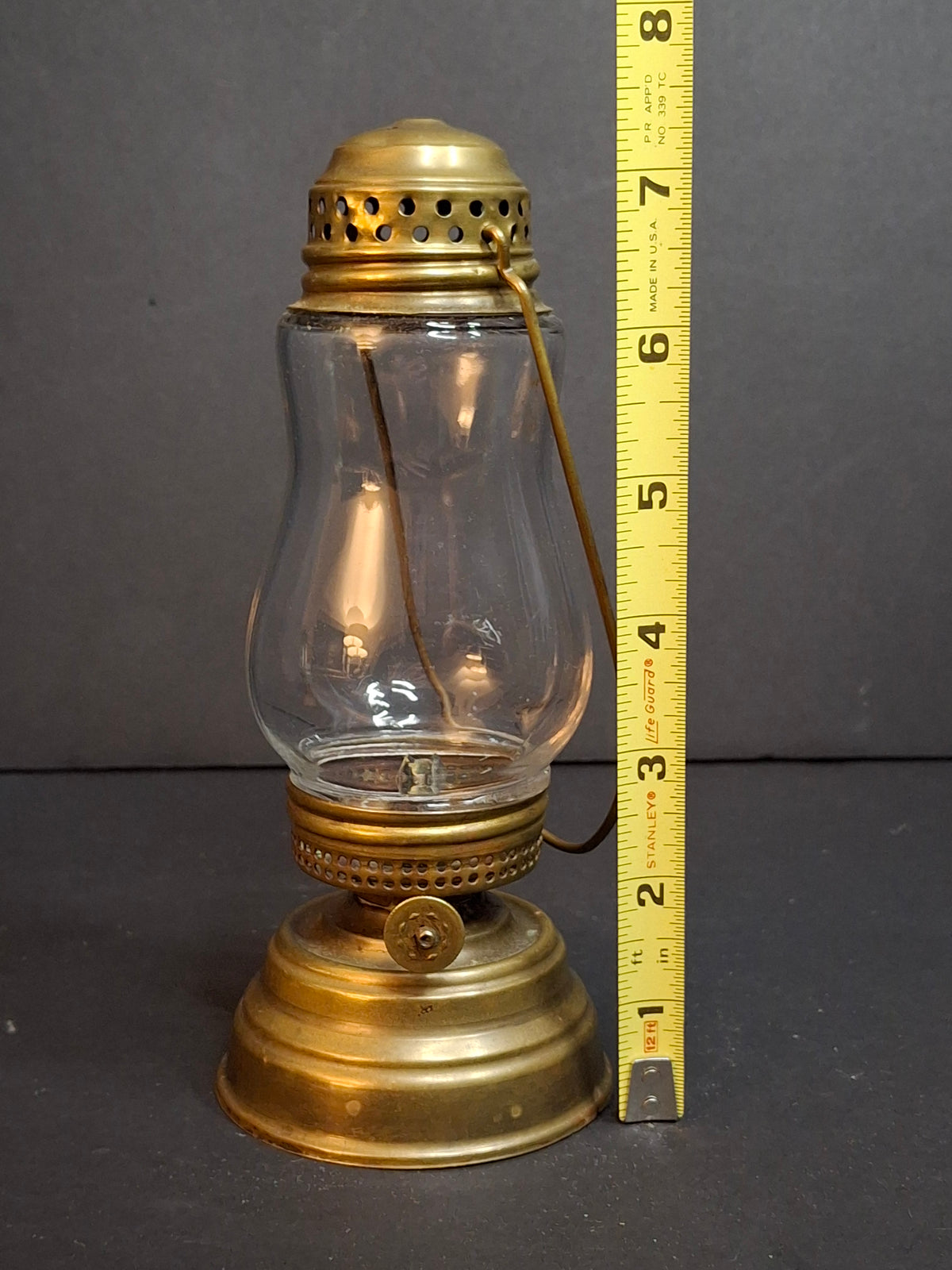 Antique c. 1870s Brass Skater’s Lantern – Clear Glass Globe & Original Burner – 7.5”