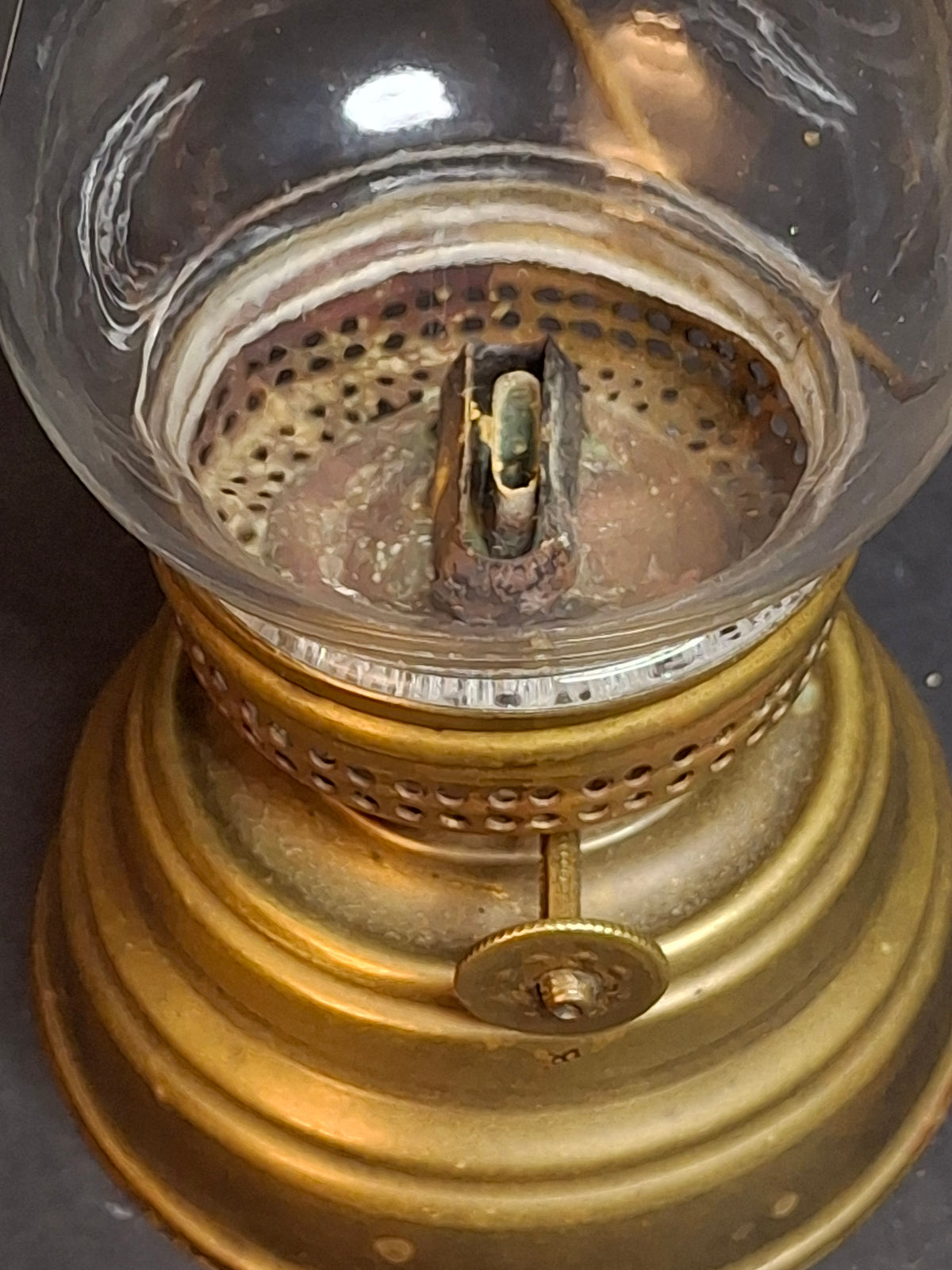 Antique c. 1870s Brass Skater’s Lantern – Clear Glass Globe & Original Burner – 7.5”