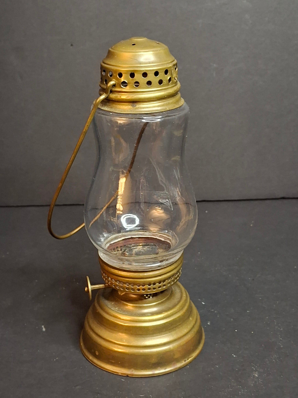 Antique c. 1870s Brass Skater’s Lantern – Clear Glass Globe & Original Burner – 7.5”