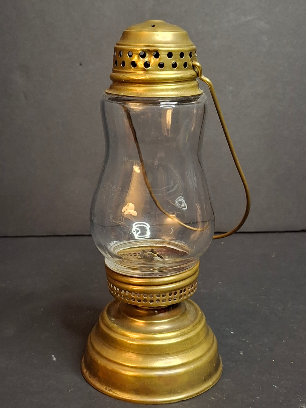 Antique c. 1870s Brass Skater’s Lantern – Clear Glass Globe & Original Burner – 7.5”