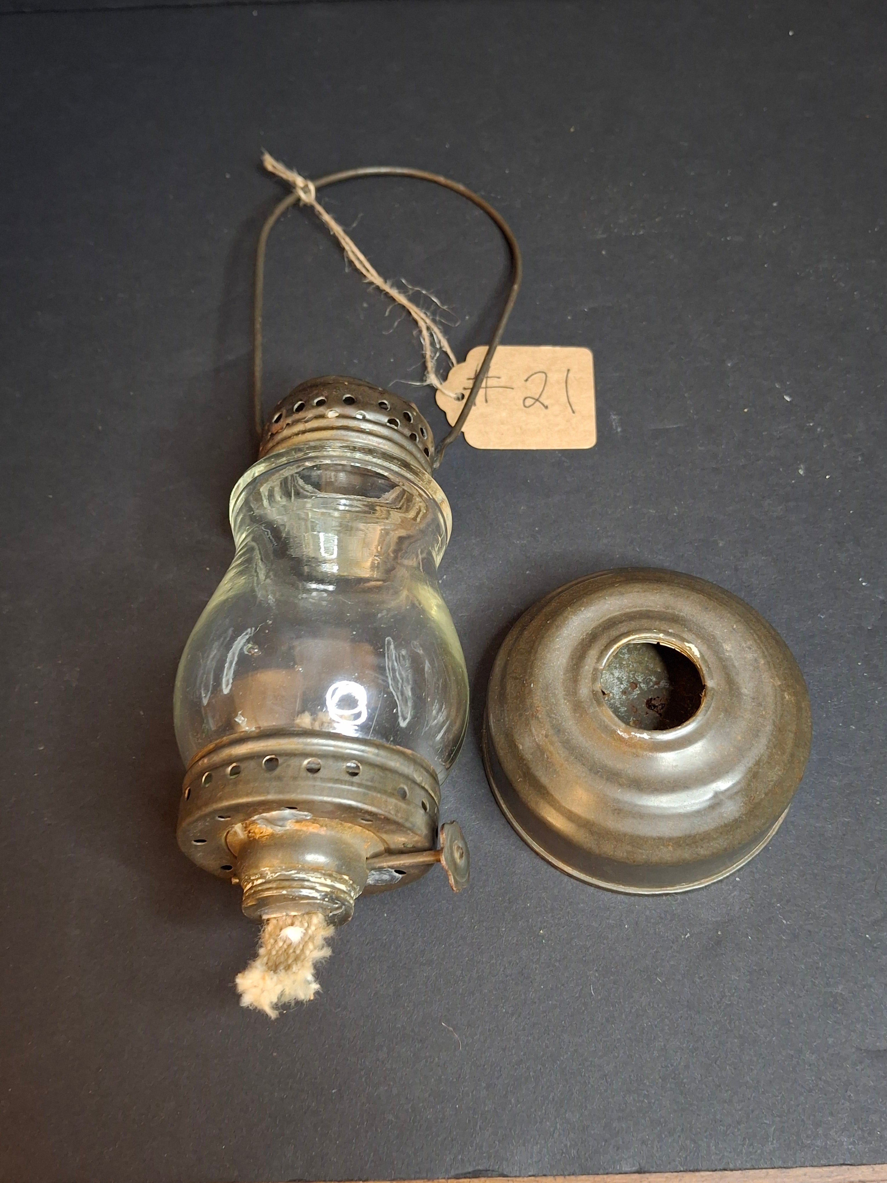 Antique C. 1880 Skater's Lantern - Original Clear Glass Globe & Untouched Patina Mini Kerosene Oil Lamp