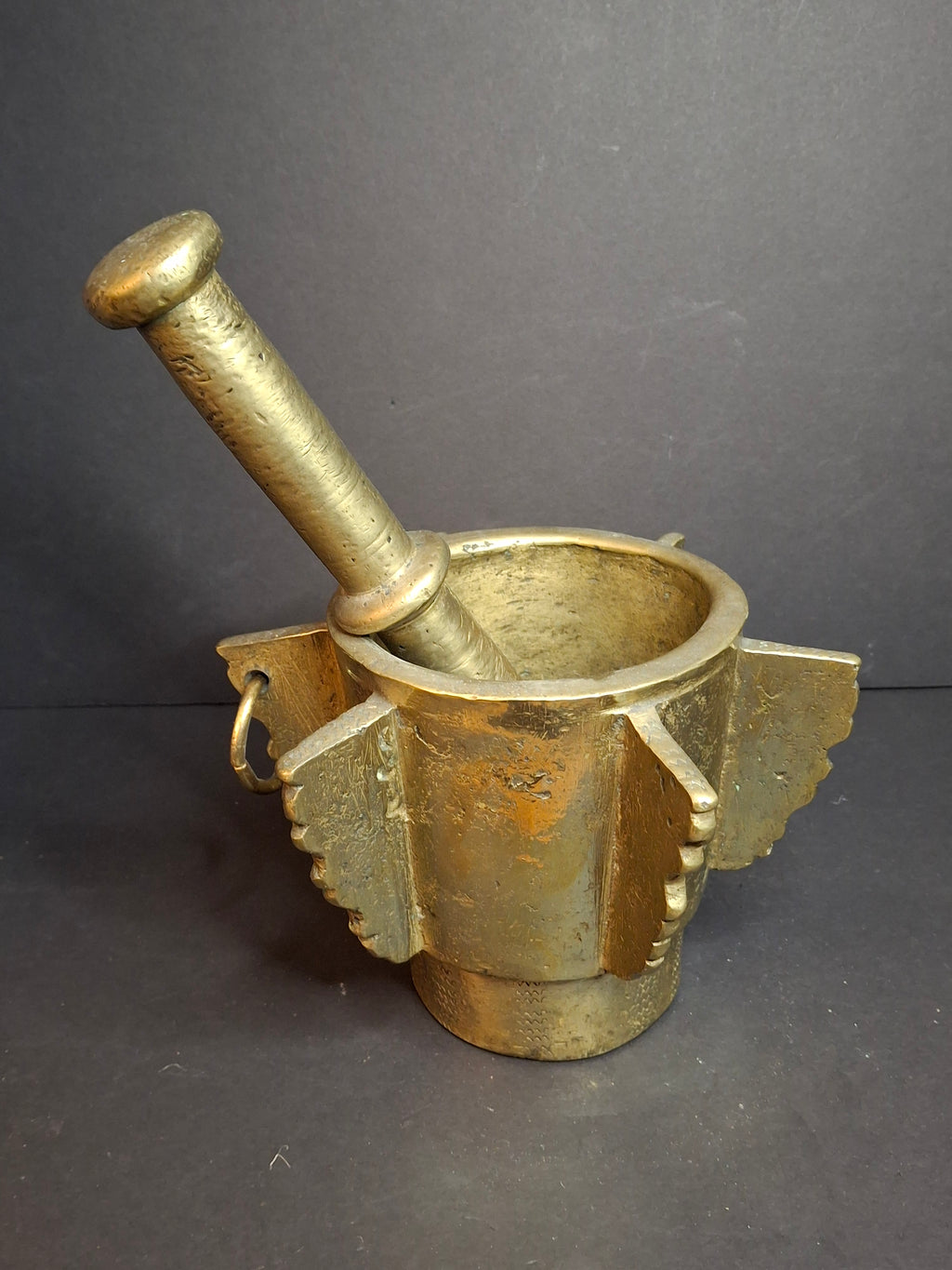 Museum Grade Antique 16th - 17th C. 18lb Bronze Mortar and Pestle Ribbed Fins Suspension Ring J Greenstein Provenance