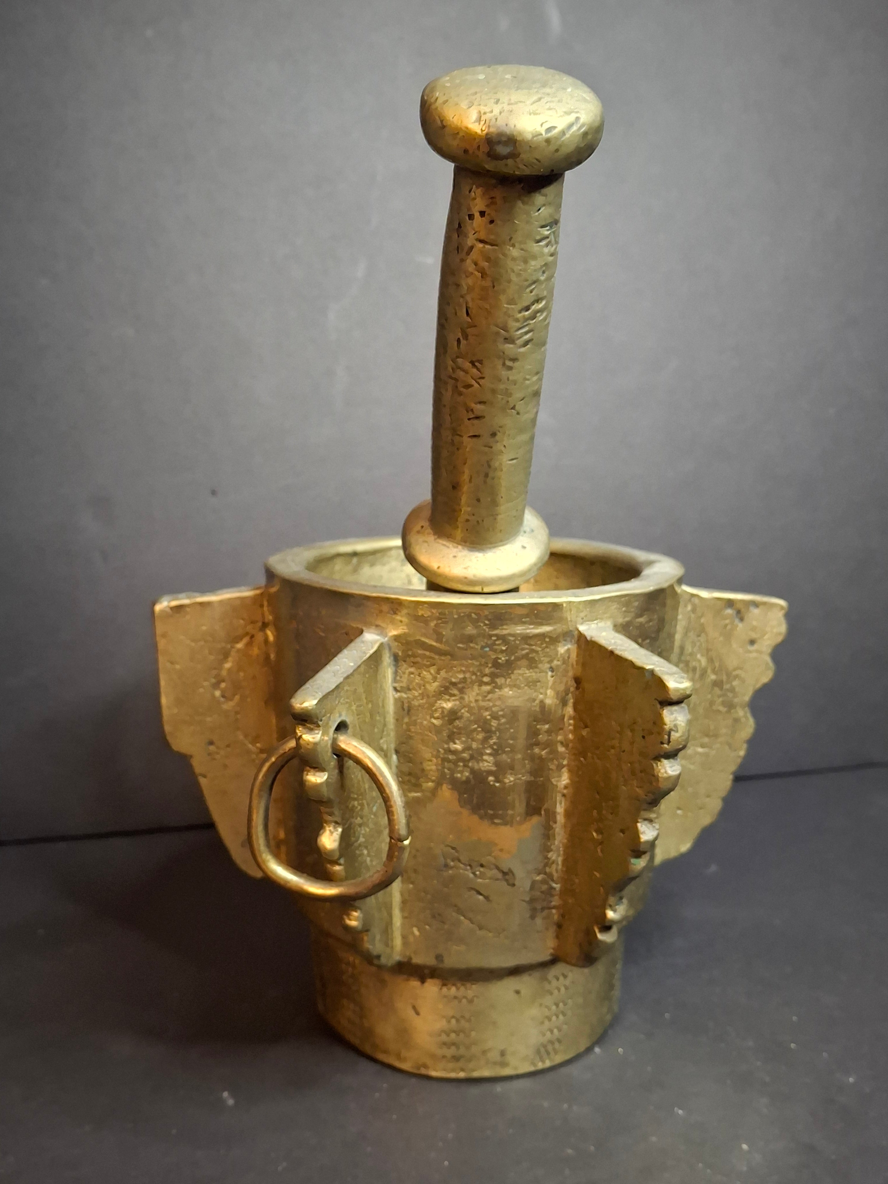 Museum Grade Antique 16th - 17th C. 18lb Bronze Mortar and Pestle Ribbed Fins Suspension Ring J Greenstein Provenance