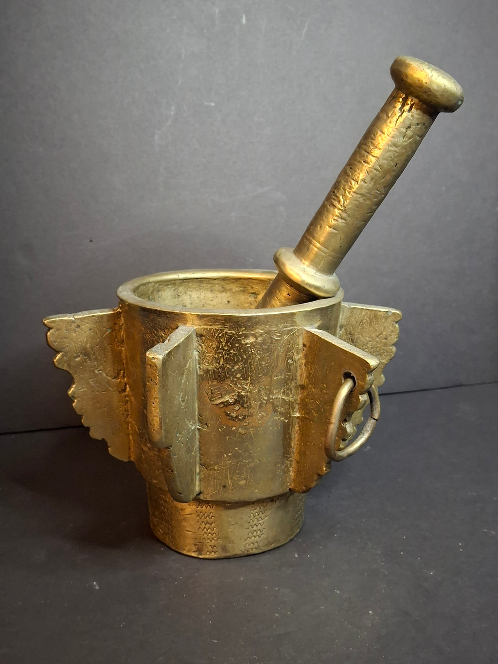 Museum Grade Antique 16th - 17th C. 18lb Bronze Mortar and Pestle Ribbed Fins Suspension Ring J Greenstein Provenance