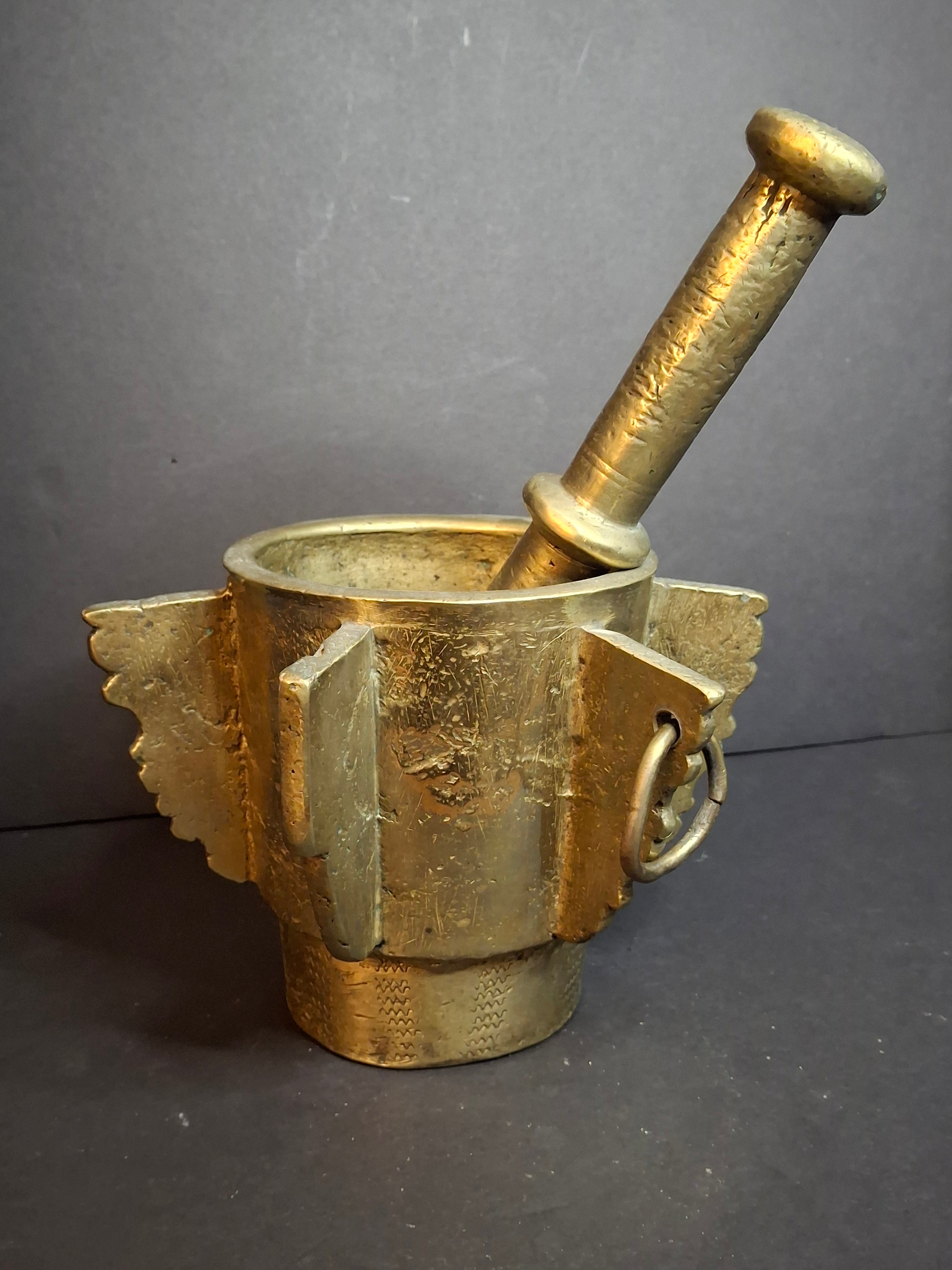Museum Grade Antique 16th - 17th C. 18lb Bronze Mortar and Pestle Ribbed Fins Suspension Ring J Greenstein Provenance