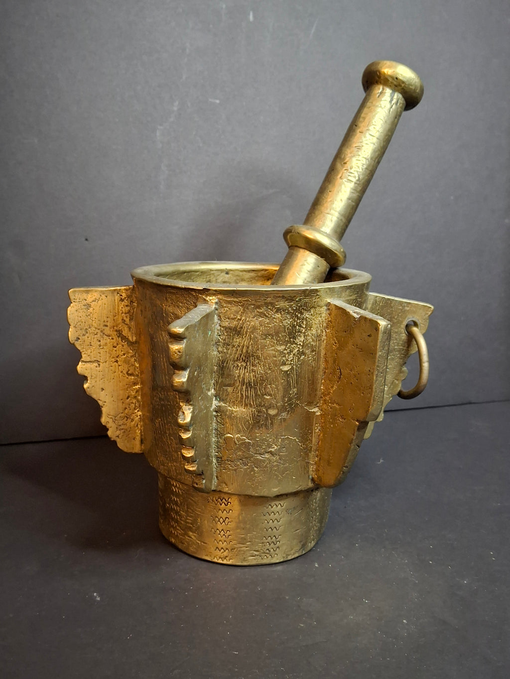 Museum Grade Antique 16th - 17th C. 18lb Bronze Mortar and Pestle Ribbed Fins Suspension Ring J Greenstein Provenance