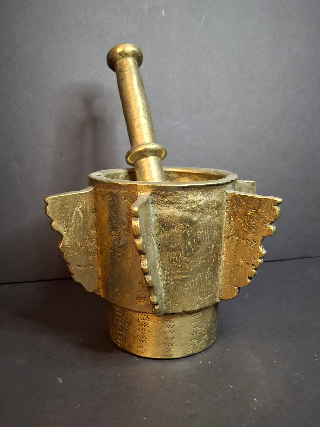 Museum Grade Antique 16th - 17th C. 18lb Bronze Mortar and Pestle Ribbed Fins Suspension Ring J Greenstein Provenance
