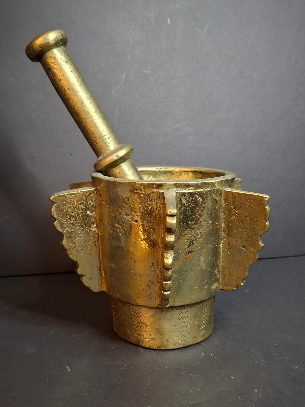 Museum Grade Antique 16th - 17th C. 18lb Bronze Mortar and Pestle Ribbed Fins Suspension Ring J Greenstein Provenance