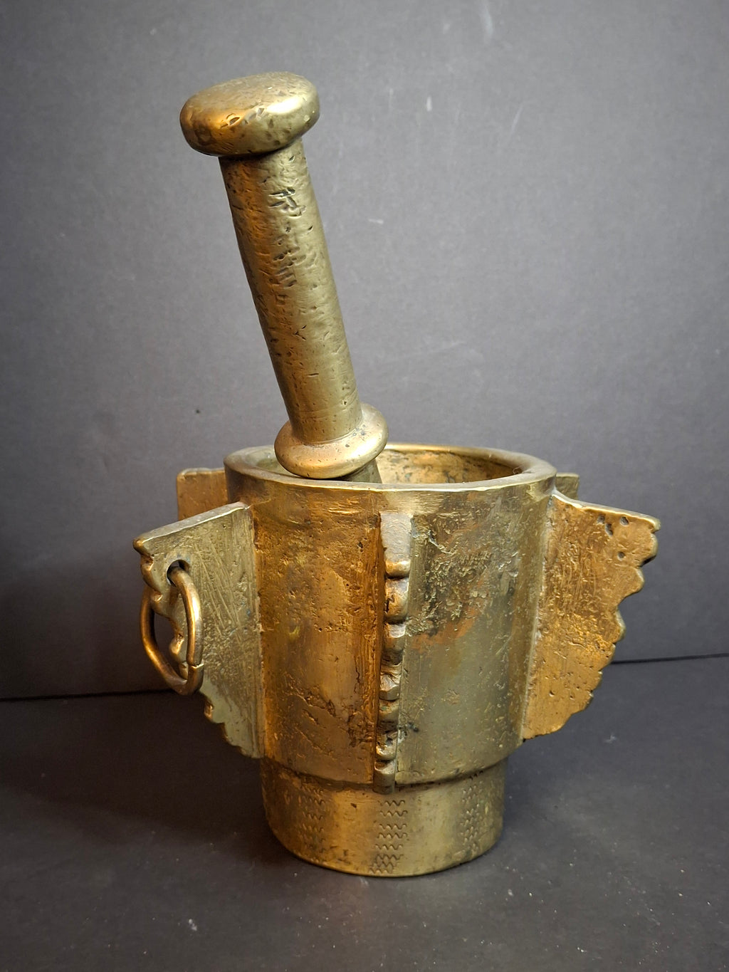 Museum Grade Antique 16th - 17th C. 18lb Bronze Mortar and Pestle Ribbed Fins Suspension Ring J Greenstein Provenance