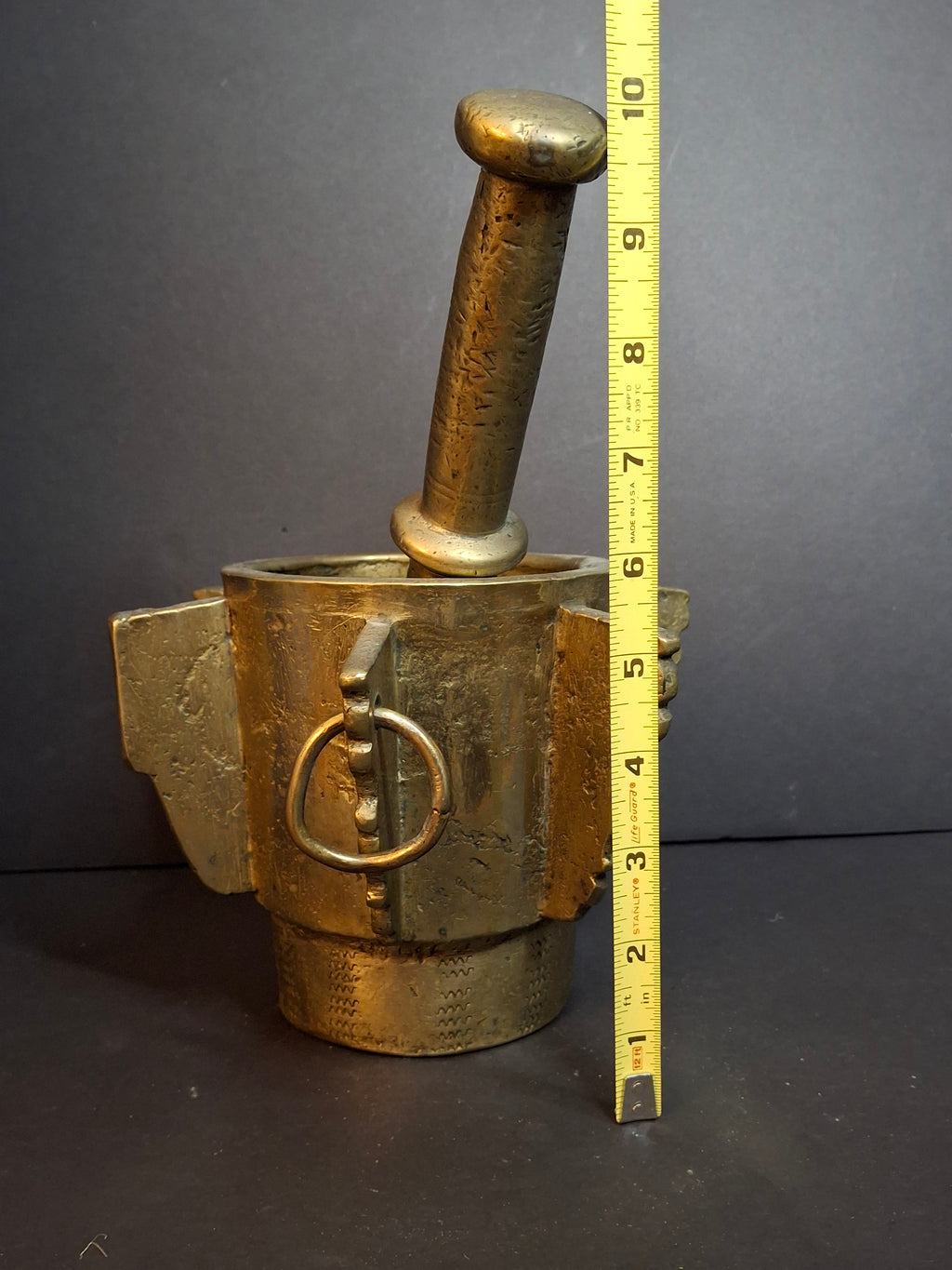 Museum Grade Antique 16th - 17th C. 18lb Bronze Mortar and Pestle Ribbed Fins Suspension Ring J Greenstein Provenance