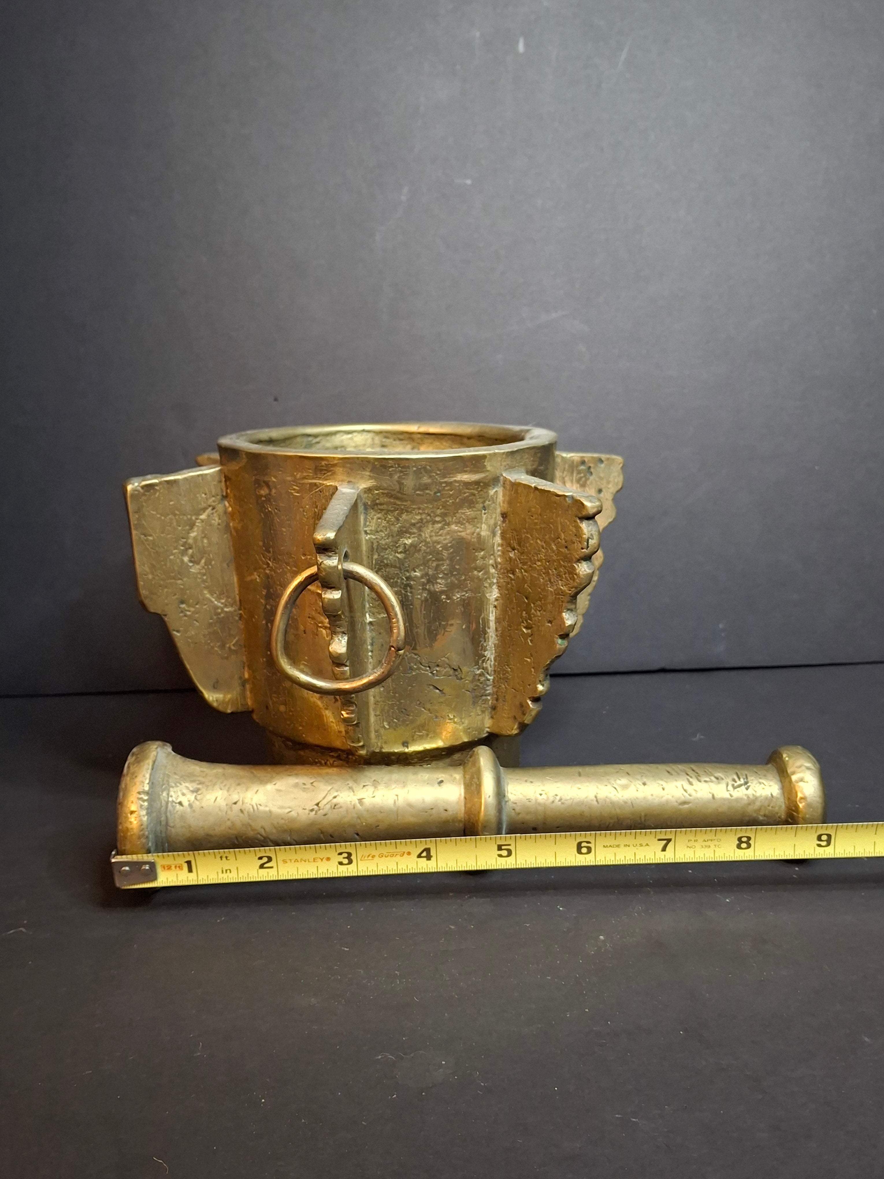 Museum Grade Antique 16th - 17th C. 18lb Bronze Mortar and Pestle Ribbed Fins Suspension Ring J Greenstein Provenance
