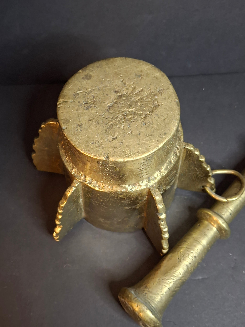 Museum Grade Antique 16th - 17th C. 18lb Bronze Mortar and Pestle Ribbed Fins Suspension Ring J Greenstein Provenance