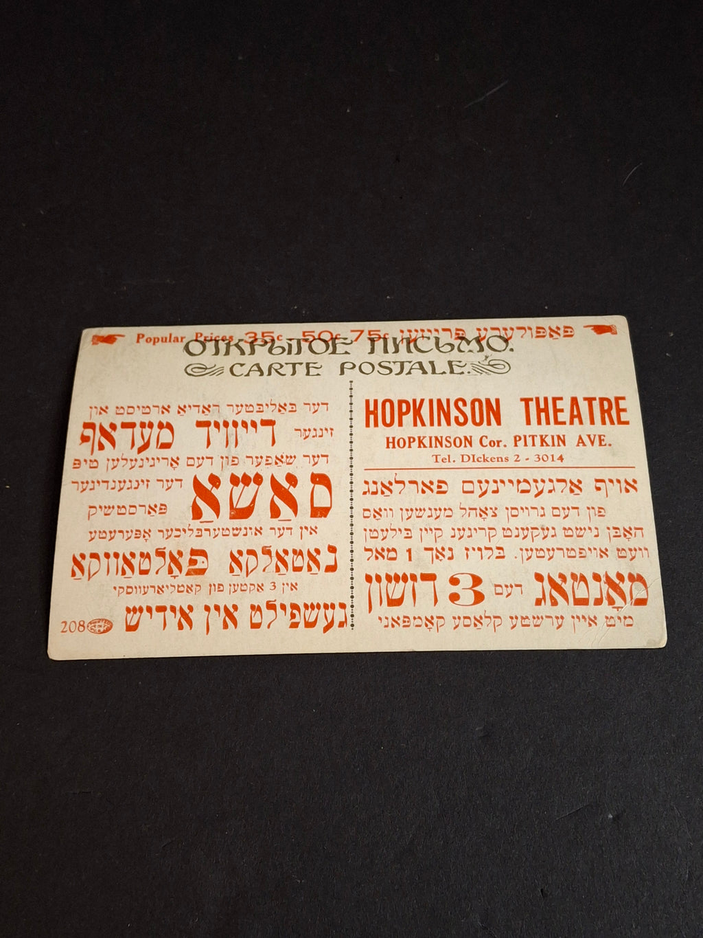 1930s Yiddish Theater Handbill Hopkinson Brooklyn Postcard David Medoff Judaica Adam & Eve