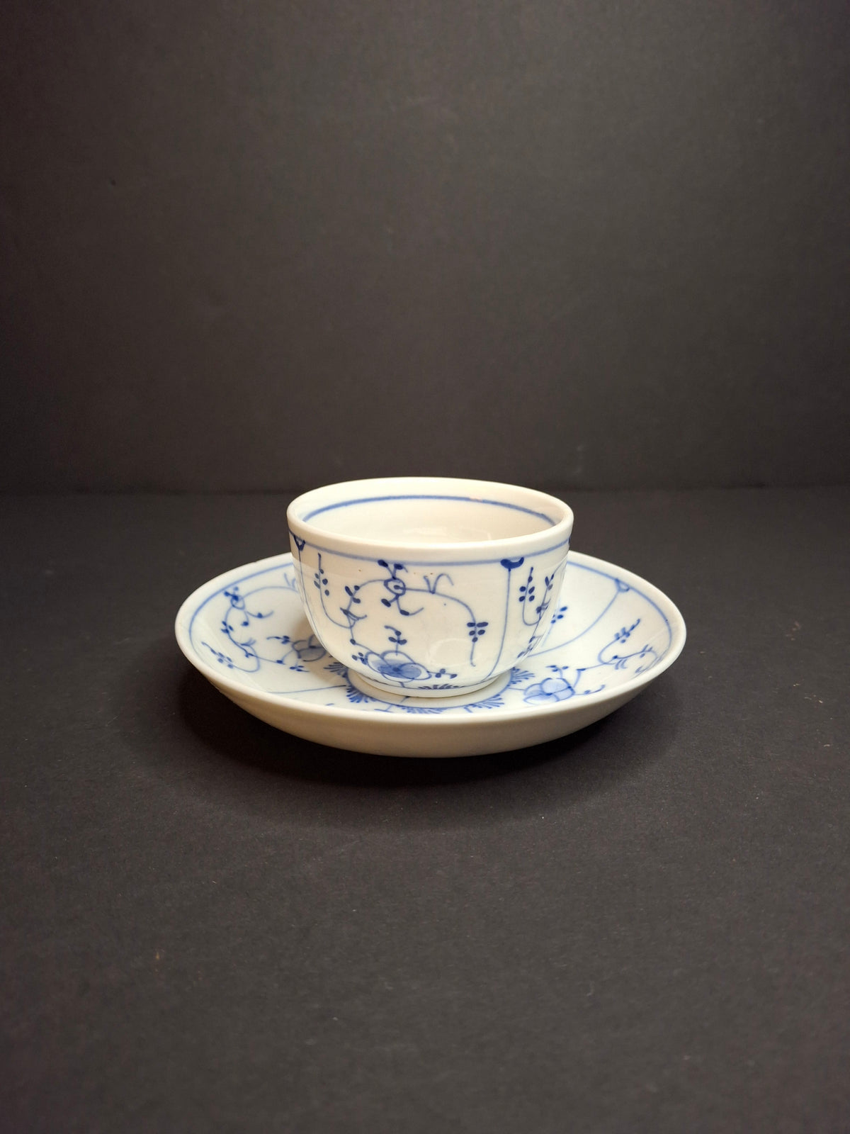 Antique Royal Copenhagen Blue Fluted Tea Bowl Saucer Late 18th Century 3 Waves Mark