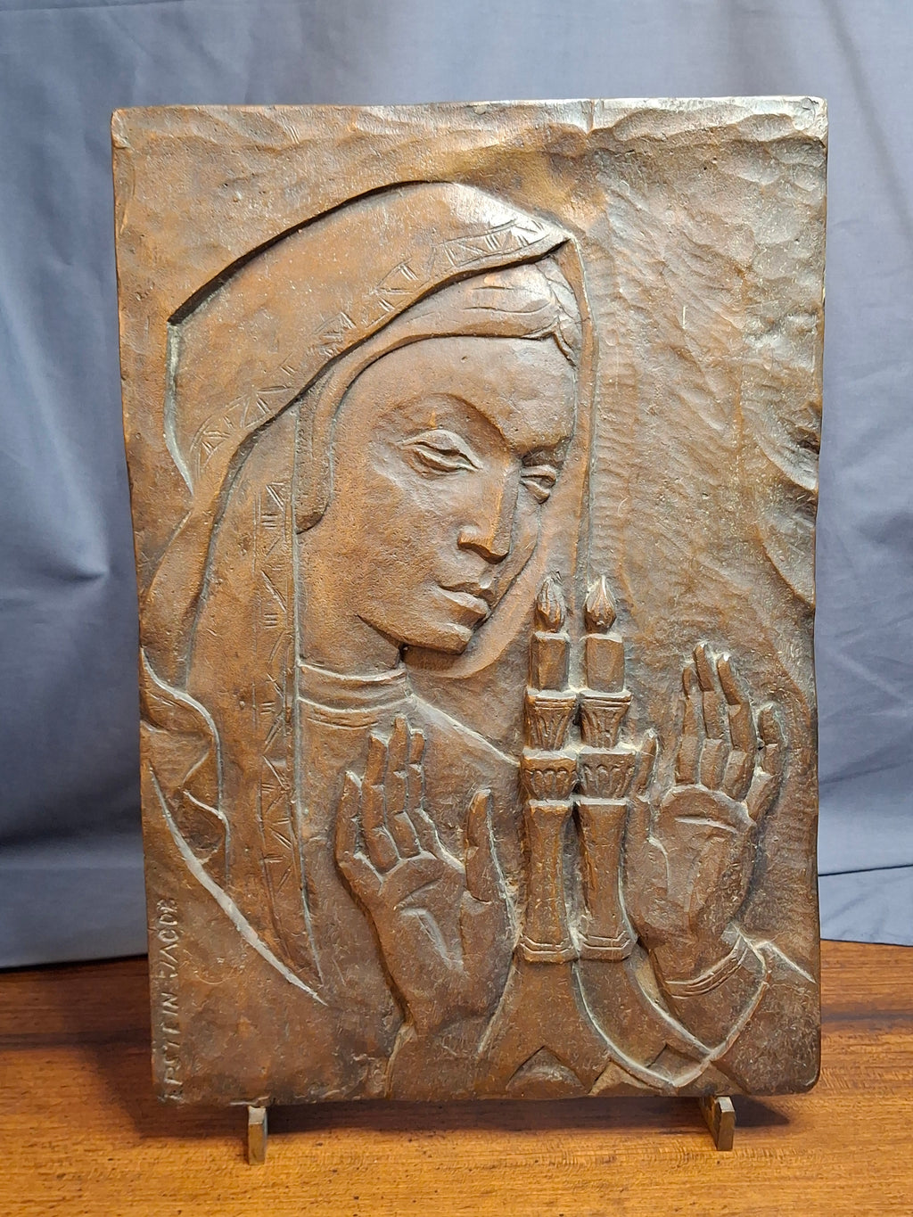 Mid Century Bronze Relief Plaque Sabbath Candle Lighting Blessing Jacob Epstein 1921-2003 Judaica